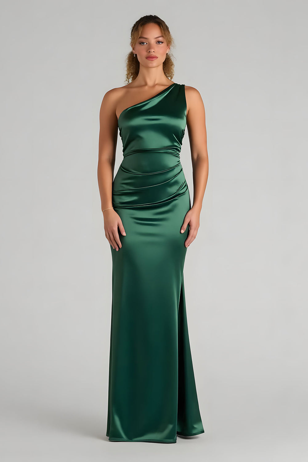 Satin Sheath Dark Green One Shoulder Ruched Maxi Bridesmaid Dress