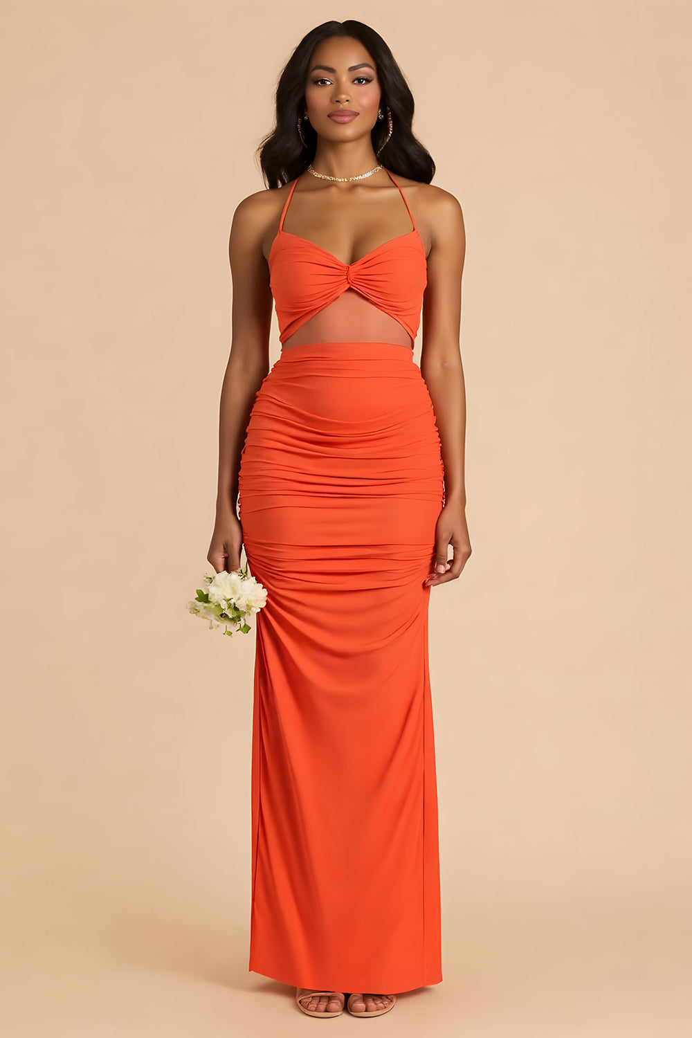 Leely Women Orange Sheath Maxi Bridesmaid Dress Cut Out Ruched Spaghetti Straps Criss Cross Back Wedding Guest Dress