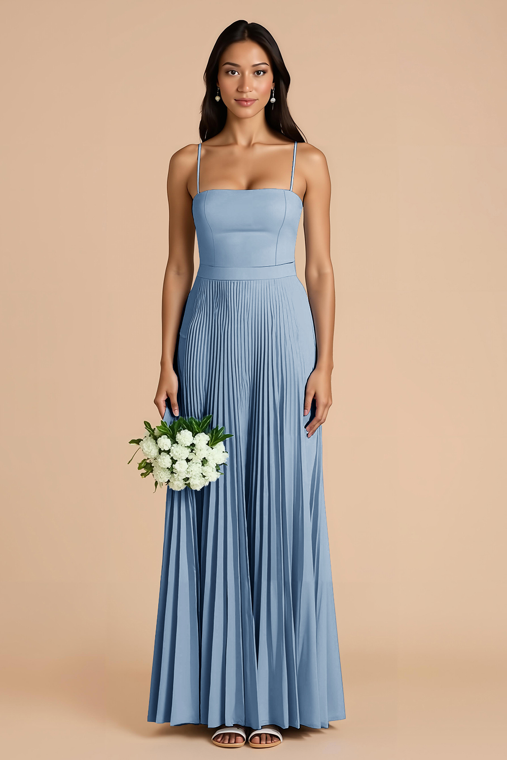 Sky Blue A Line Chiffon Spaghetti Straps Maxi Pleated Bridesmaid Dress