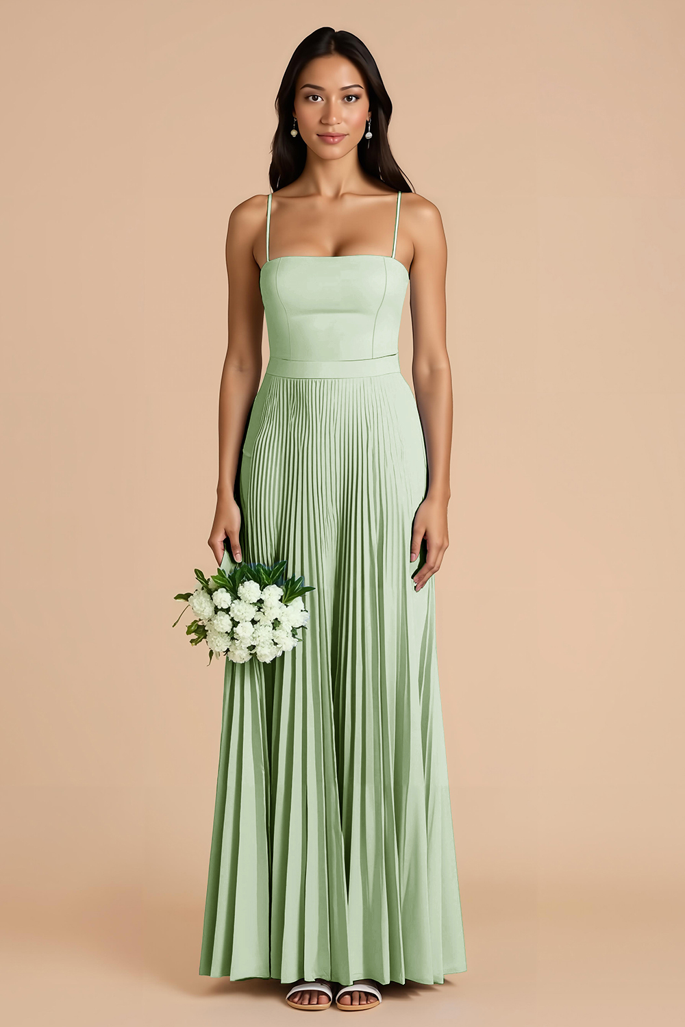 Sky Blue A Line Chiffon Spaghetti Straps Maxi Pleated Bridesmaid Dress
