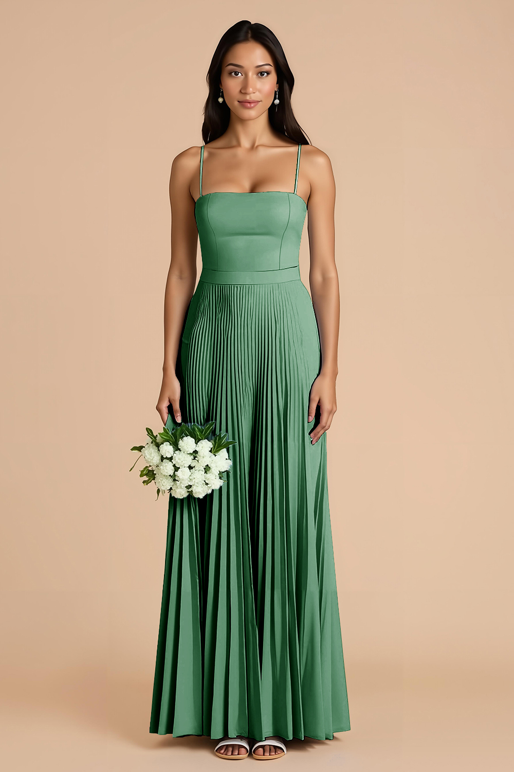 Sky Blue A Line Chiffon Spaghetti Straps Maxi Pleated Bridesmaid Dress