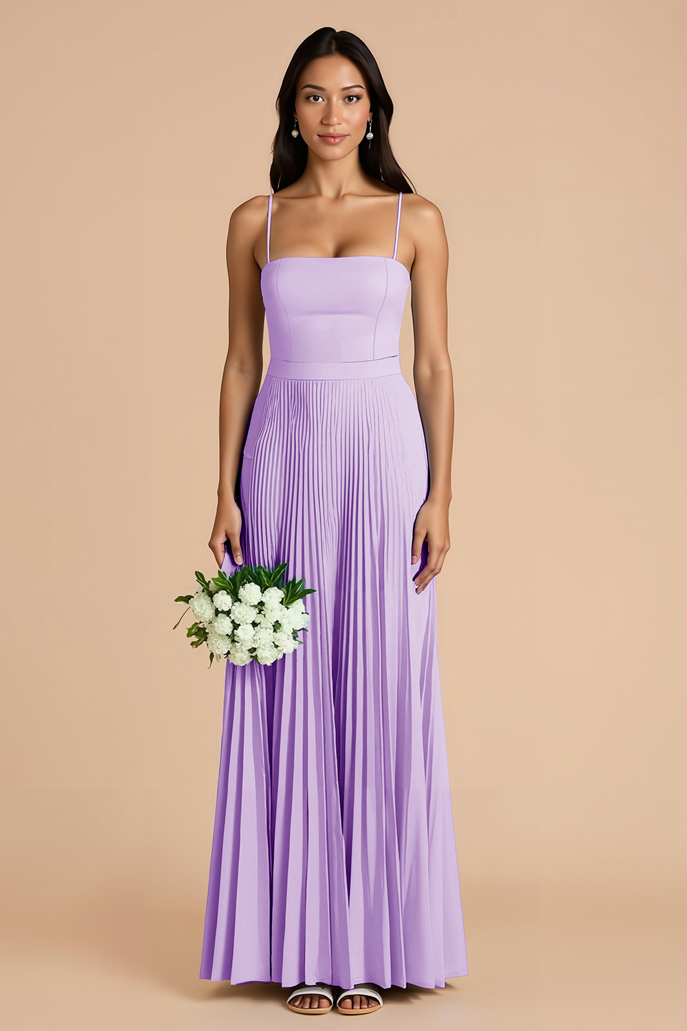 Leely Women Sky Blue Chiffon Maxi Bridesmaid Dress A Line Spaghetti Straps Pleated Wedding Guest Dress