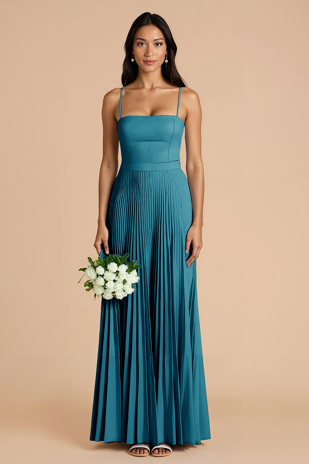 Sky Blue A Line Chiffon Spaghetti Straps Maxi Pleated Bridesmaid Dress