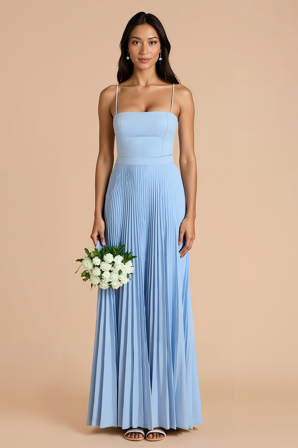 Sky Blue A Line Chiffon Spaghetti Straps Maxi Pleated Bridesmaid Dress