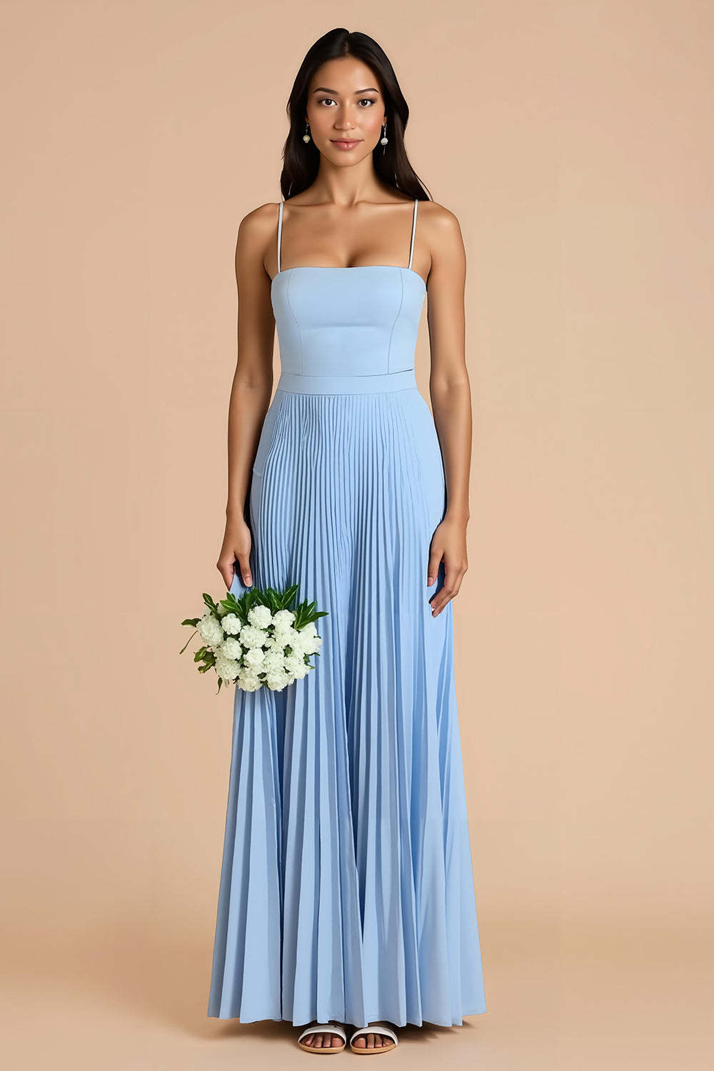 Sky Blue A Line Chiffon Spaghetti Straps Maxi Pleated Bridesmaid Dress