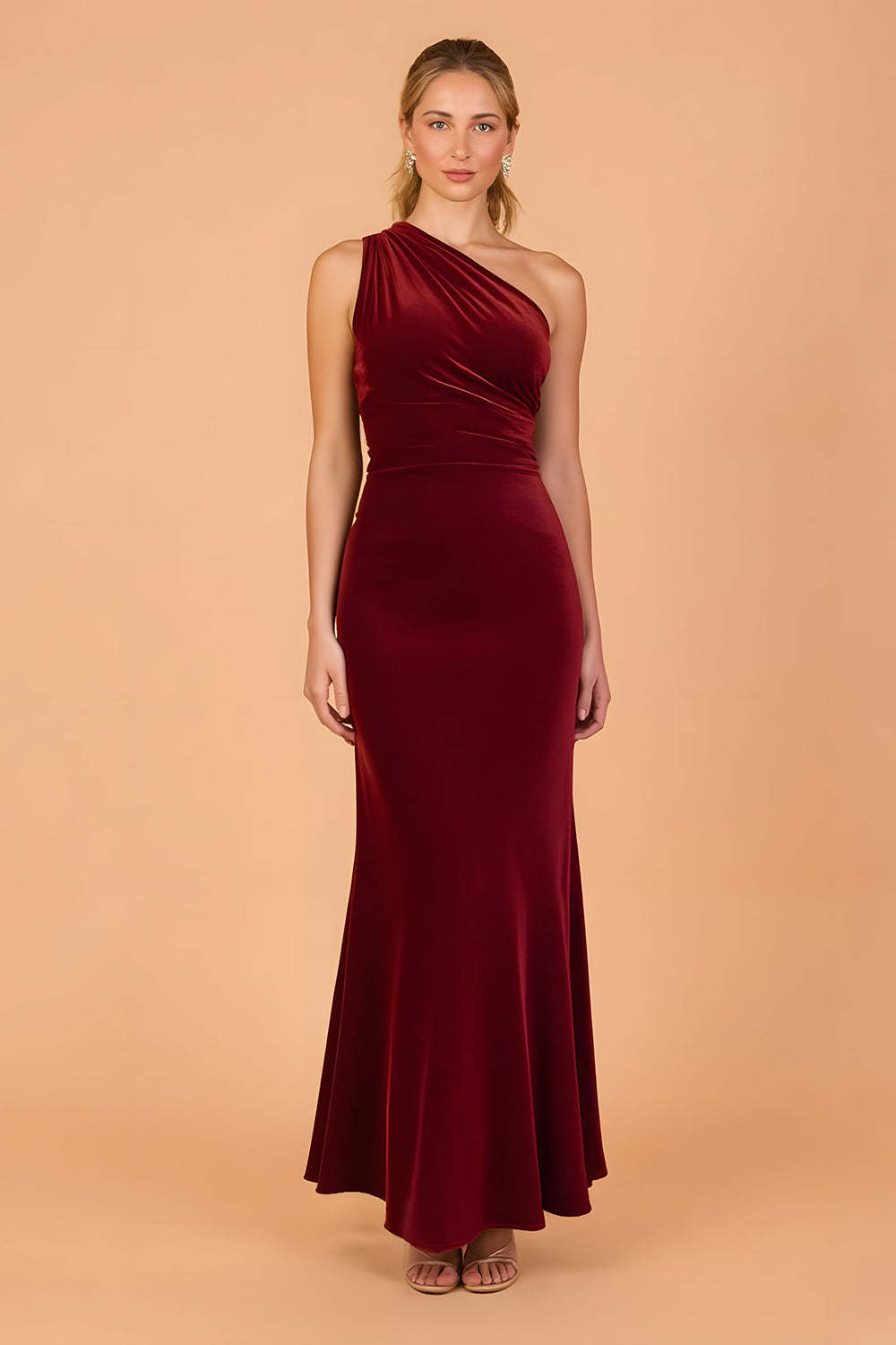 Leely Women Burgundy Mermaid Long Bridesmaid Dress Velvet One Shoulder Wedding Guest Dress