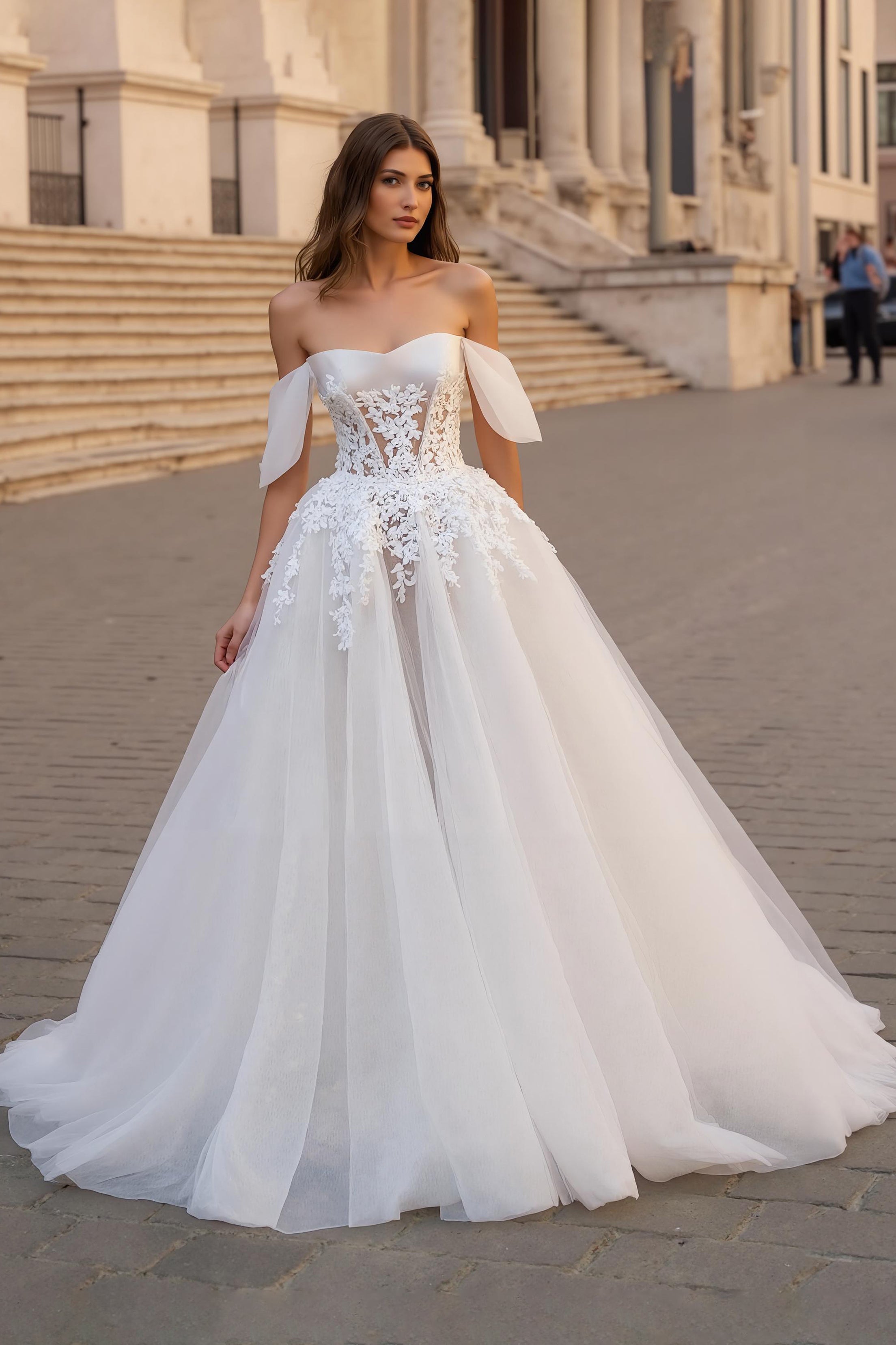 Ivory A Line Off the Shoulder Sweep Train Wedding Dress with Lace