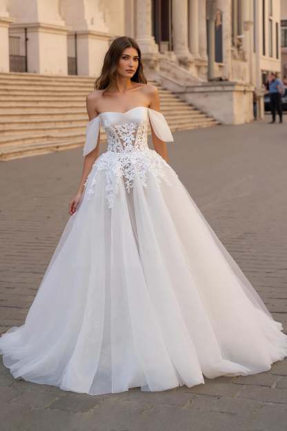 Leely Women Ivory Tulle A Line Sweep Train Wedding Dress with Lace Off the Shoulder Bridal Dress