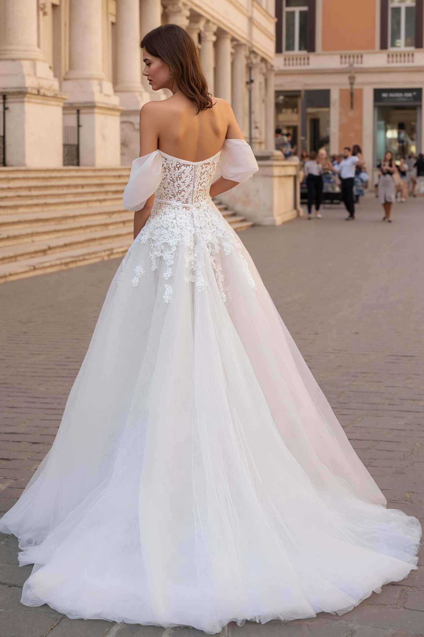 Ivory A Line Off the Shoulder Sweep Train Wedding Dress with Lace