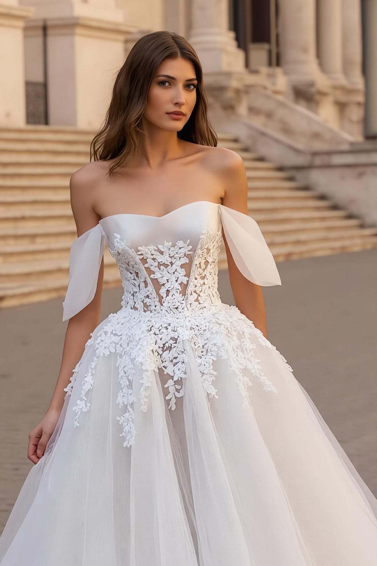 Ivory A Line Off the Shoulder Sweep Train Wedding Dress with Lace