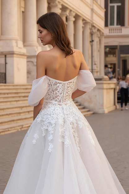 Ivory A Line Off the Shoulder Sweep Train Wedding Dress with Lace