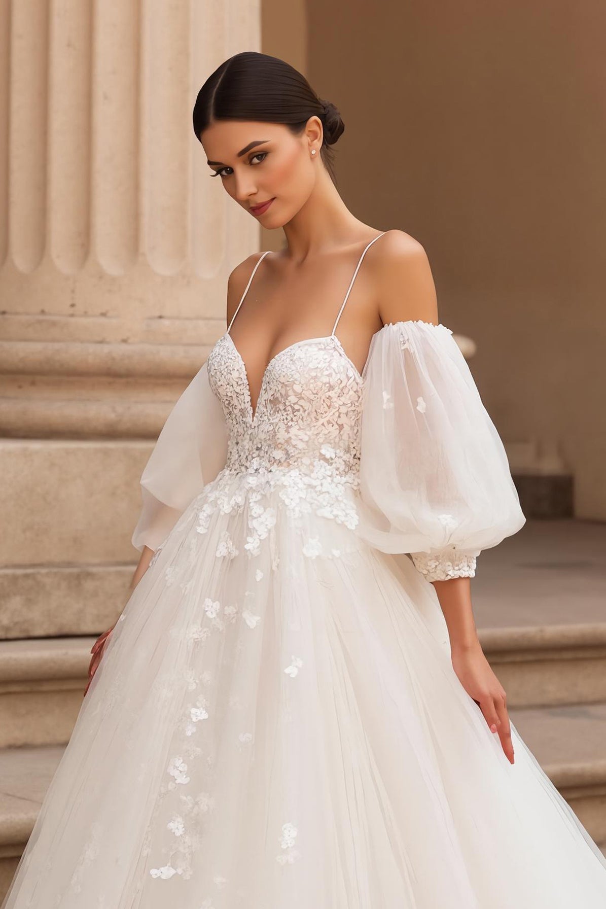 Tulle Spaghetti Straps Sweep Train Ivory Wedding Dress with Lace