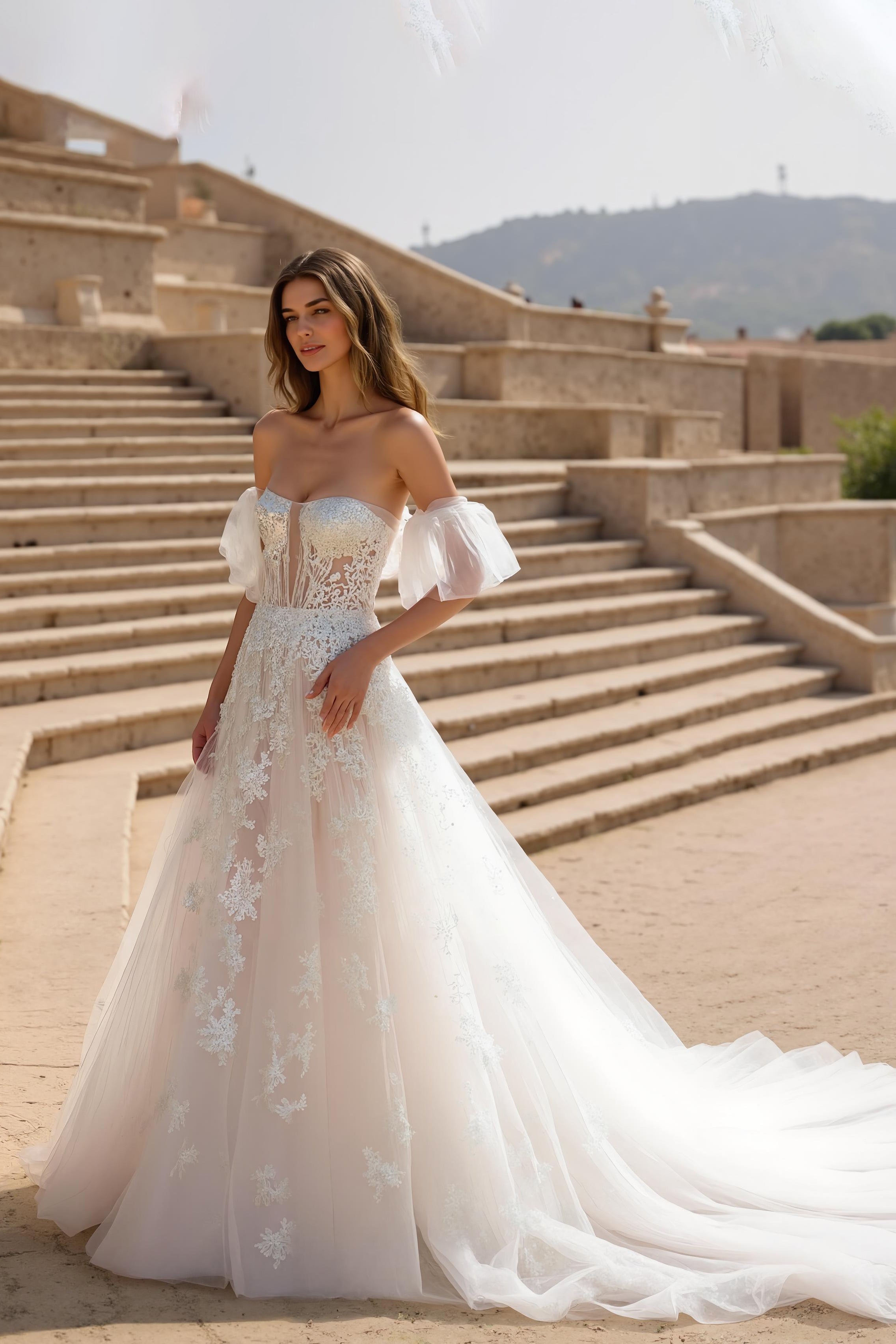 Ivory Strapless A Line Appliqued Sweep Train Wedding Dress
