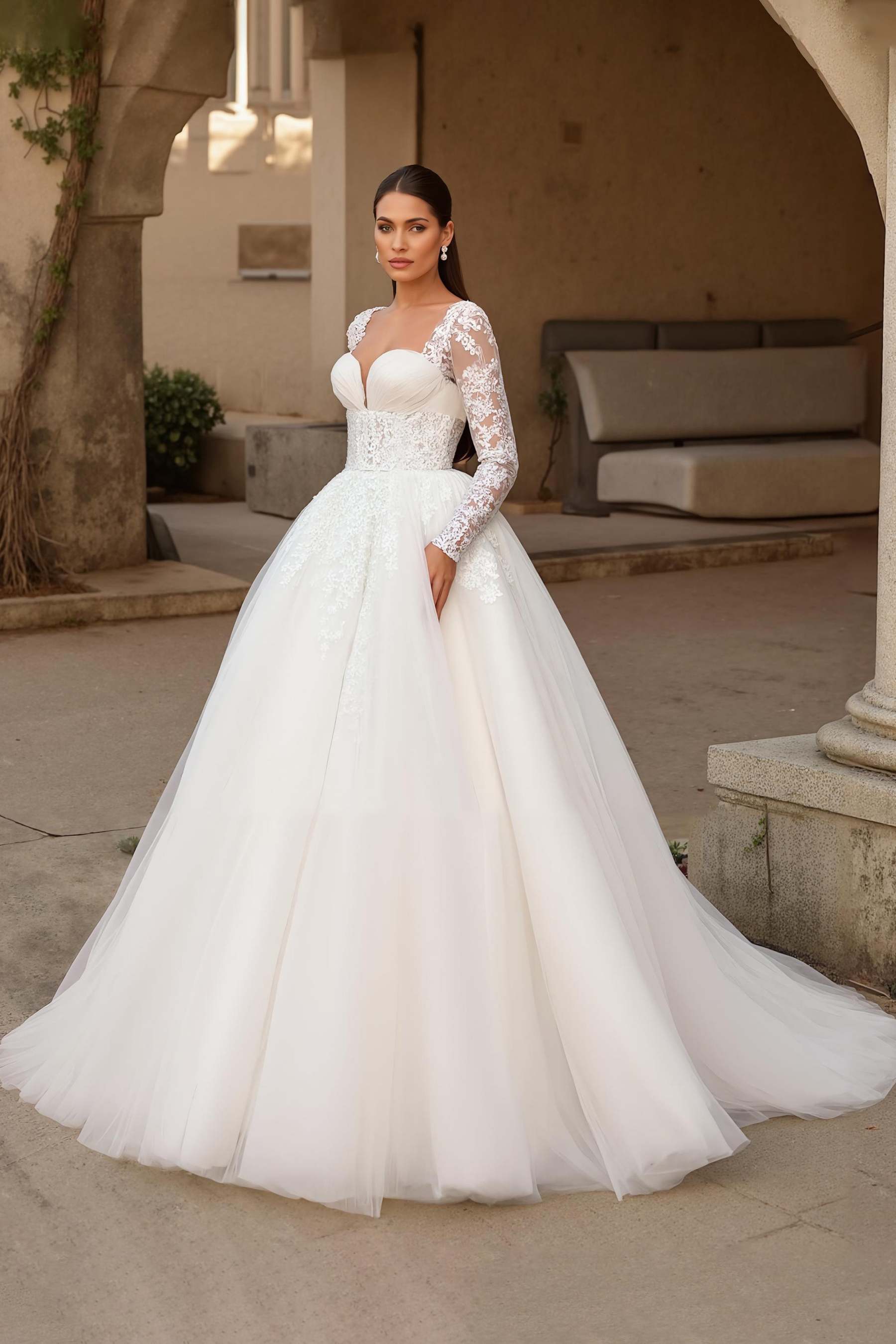 Leely Women Ivory Tulle Sweep Train Wedding Dress with Lace Ball Gown Long Sleeves A Line Bridal Dress