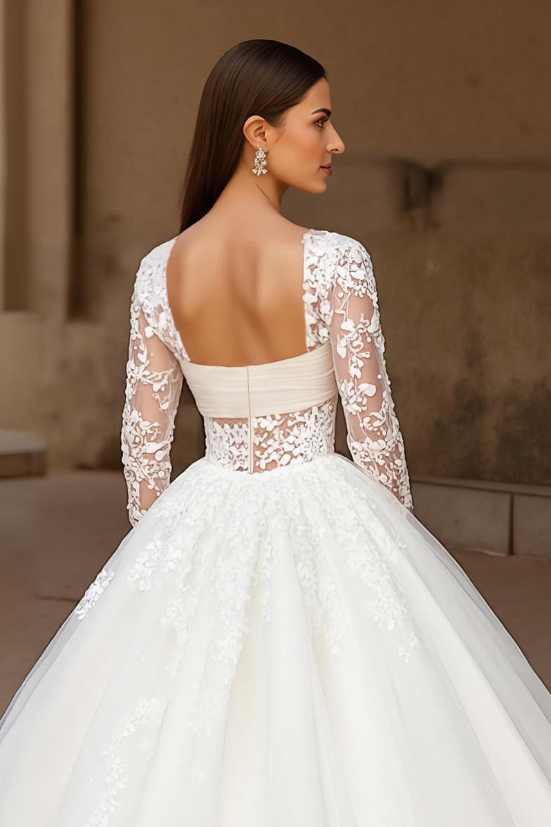 Ivory Tulle Ball Gown Sweep Train Wedding Dress with Lace