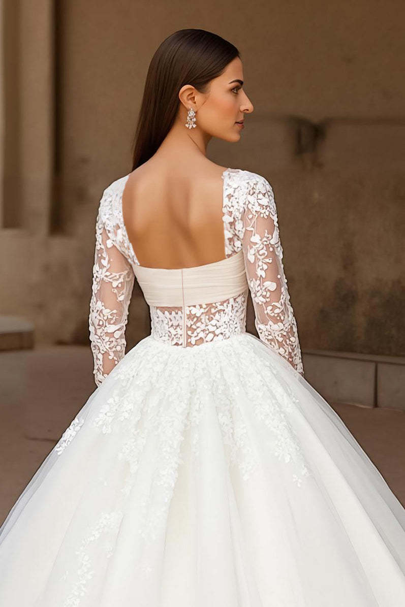 Ivory Tulle Ball Gown Sweep Train Wedding Dress with Lace