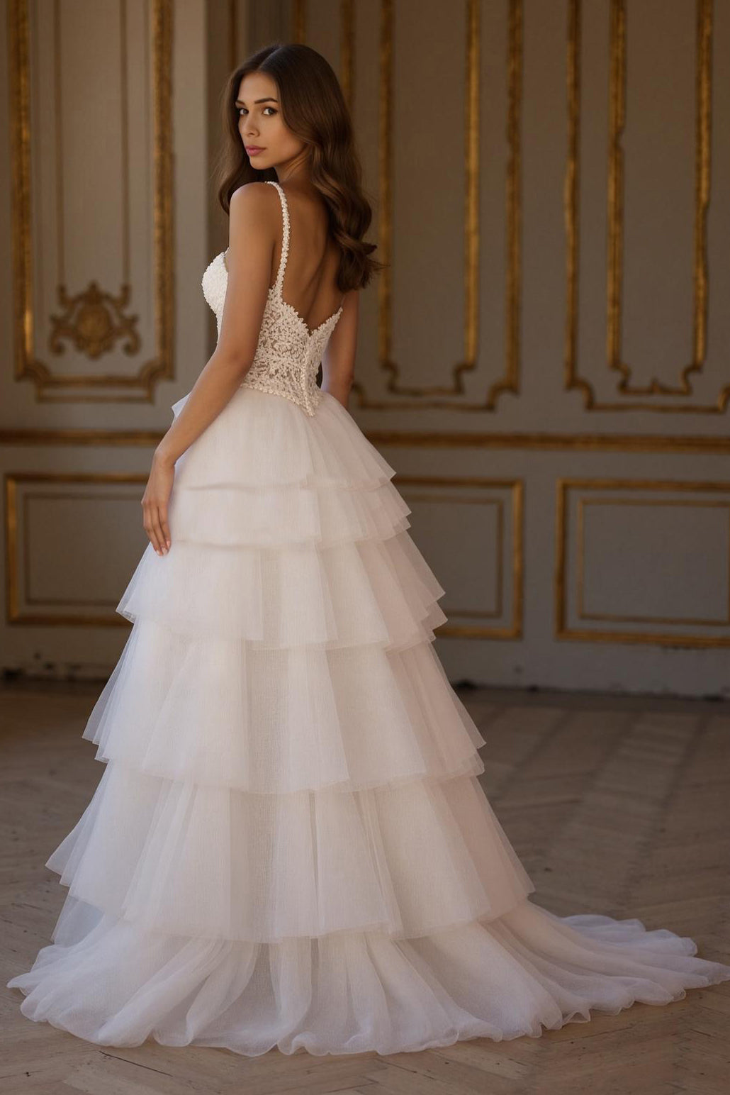 Ivory Tiered Tulle Ruffled A Line Sweep Train Wedding Dress with Slit