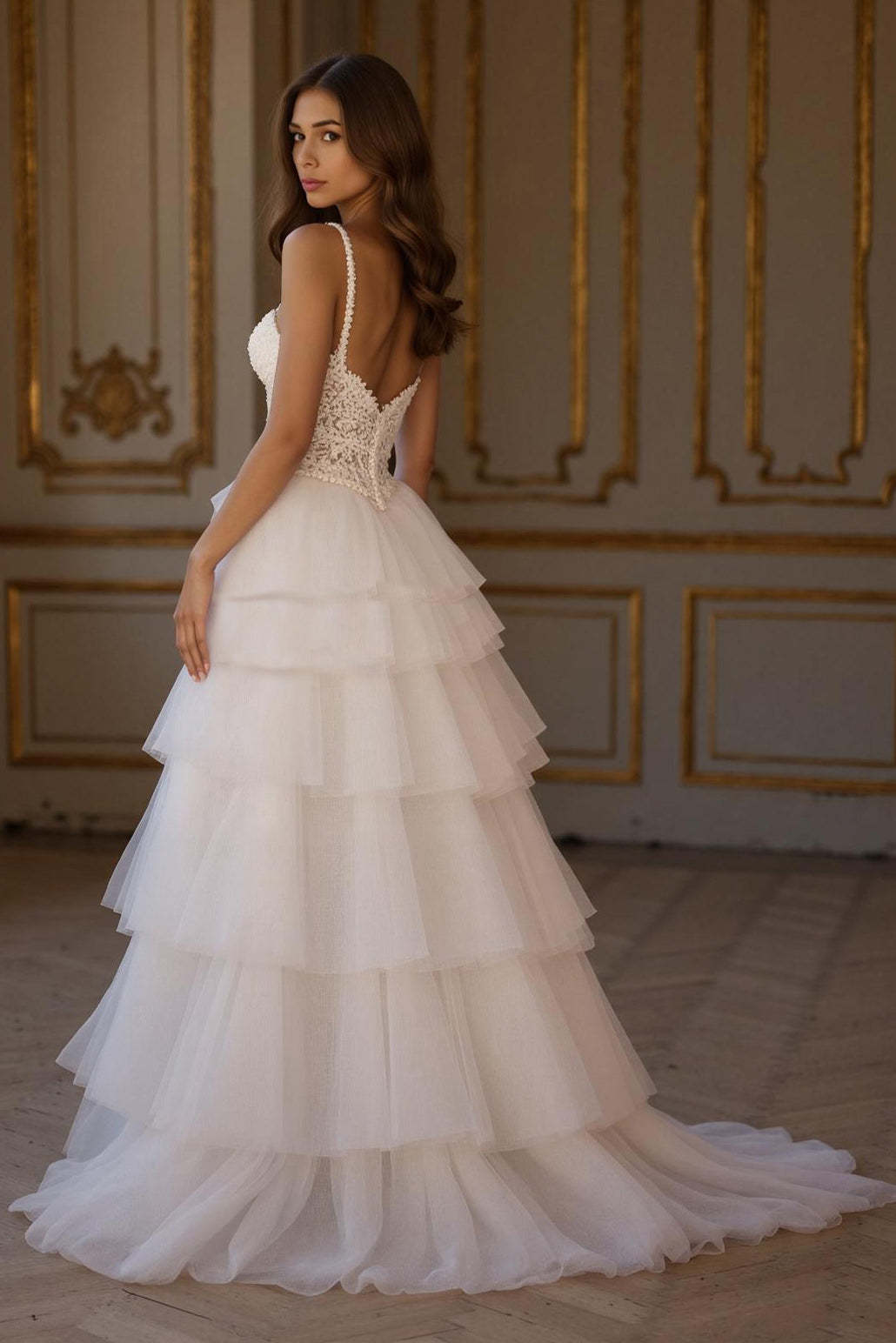 Ivory Tiered Tulle Ruffled A Line Sweep Train Wedding Dress with Slit