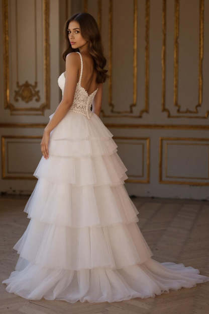 Ivory Tiered Tulle Ruffled A Line Sweep Train Wedding Dress with Slit