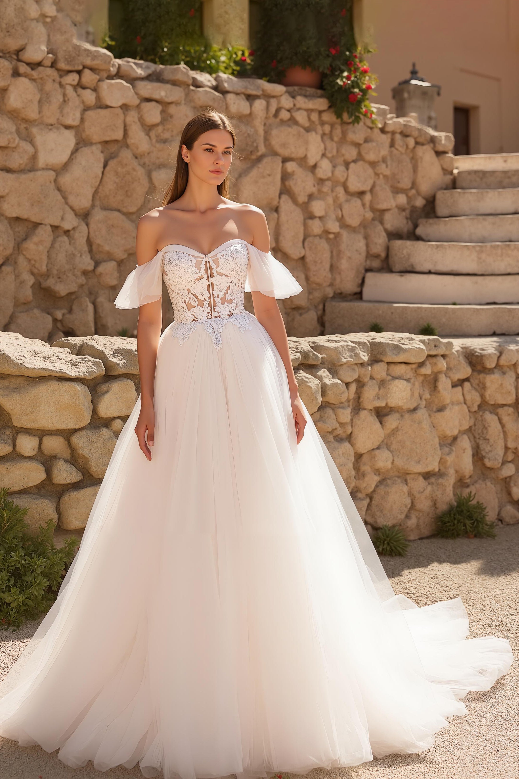 Off the Shoulder Ivory Tulle Sweep Train Wedding Dress with Lace