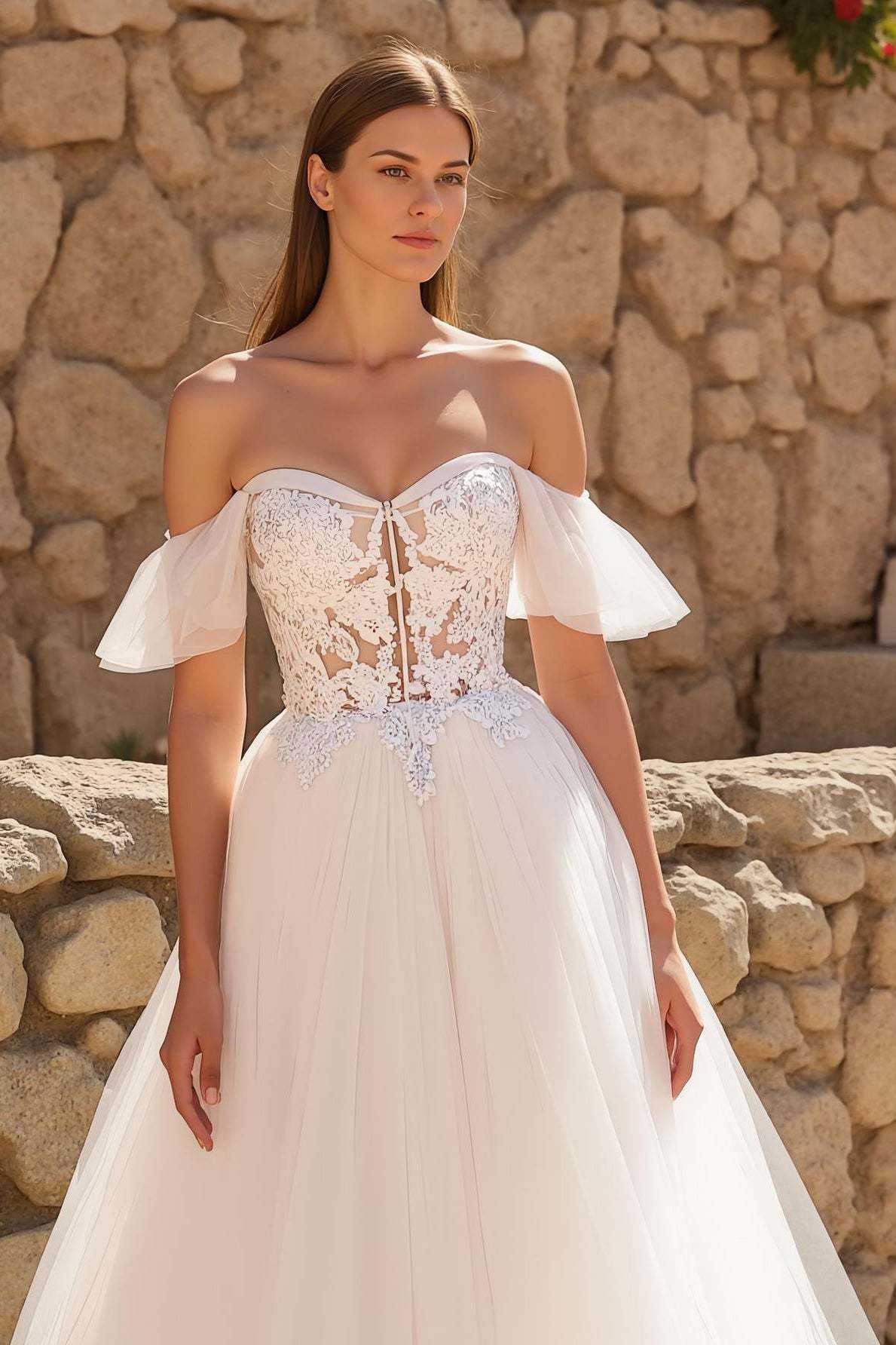 Off the Shoulder Ivory Tulle Sweep Train Wedding Dress with Lace