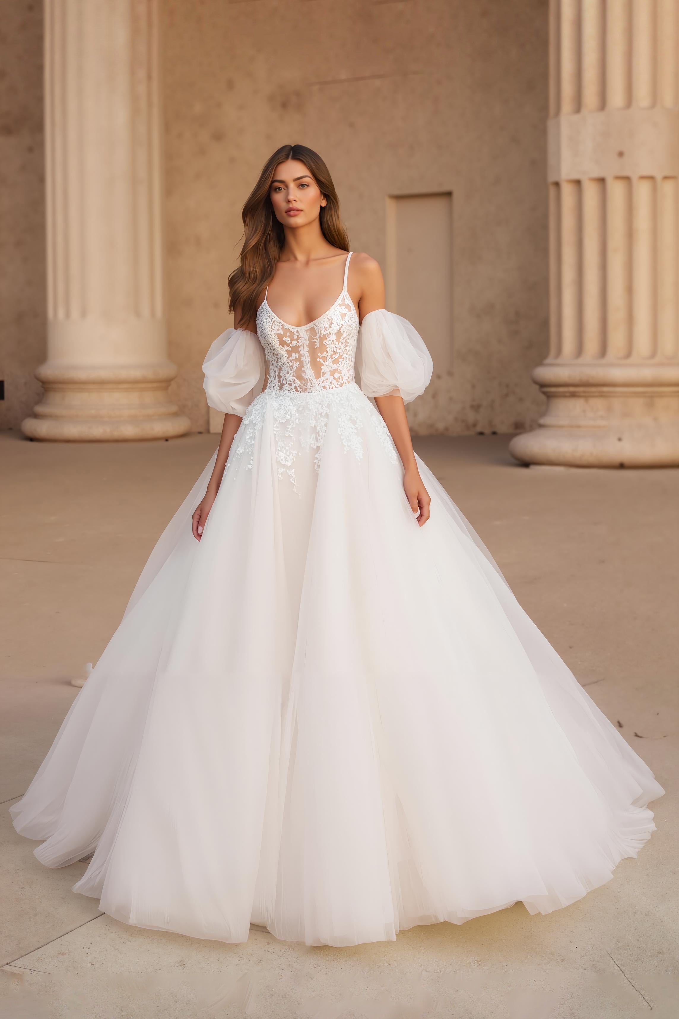 Ivory Ball Gown Scoop Neck Sweep Train Wedding Dress with Lace