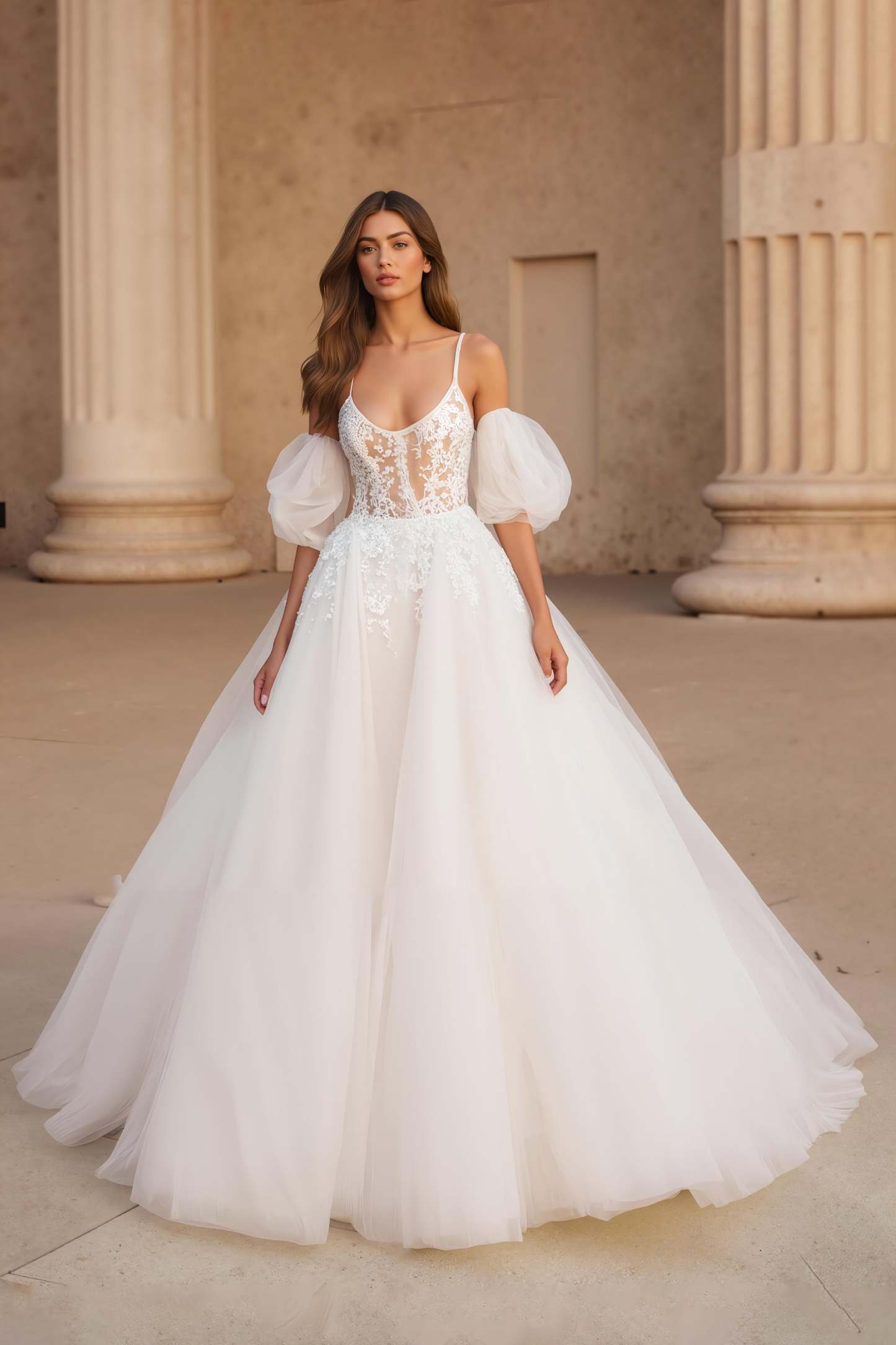 Leely Women Ivory Tulle Sweep Train Wedding Dress with Lace Ball Gown Spaghetti Straps Scoop Neck Bridal Dress