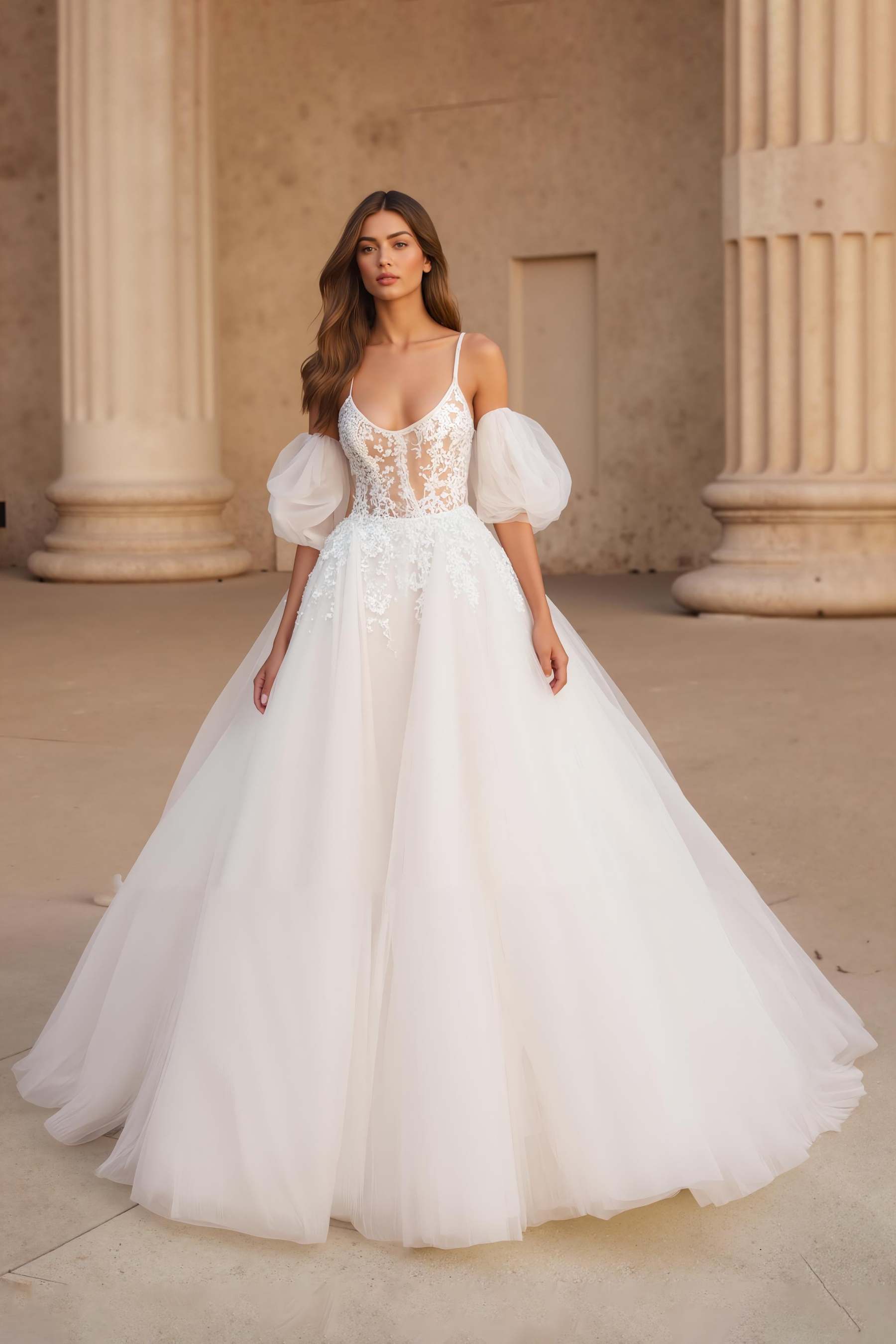 Leely Women Ivory Tulle Sweep Train Wedding Dress with Lace Ball Gown Spaghetti Straps Scoop Neck Bridal Dress