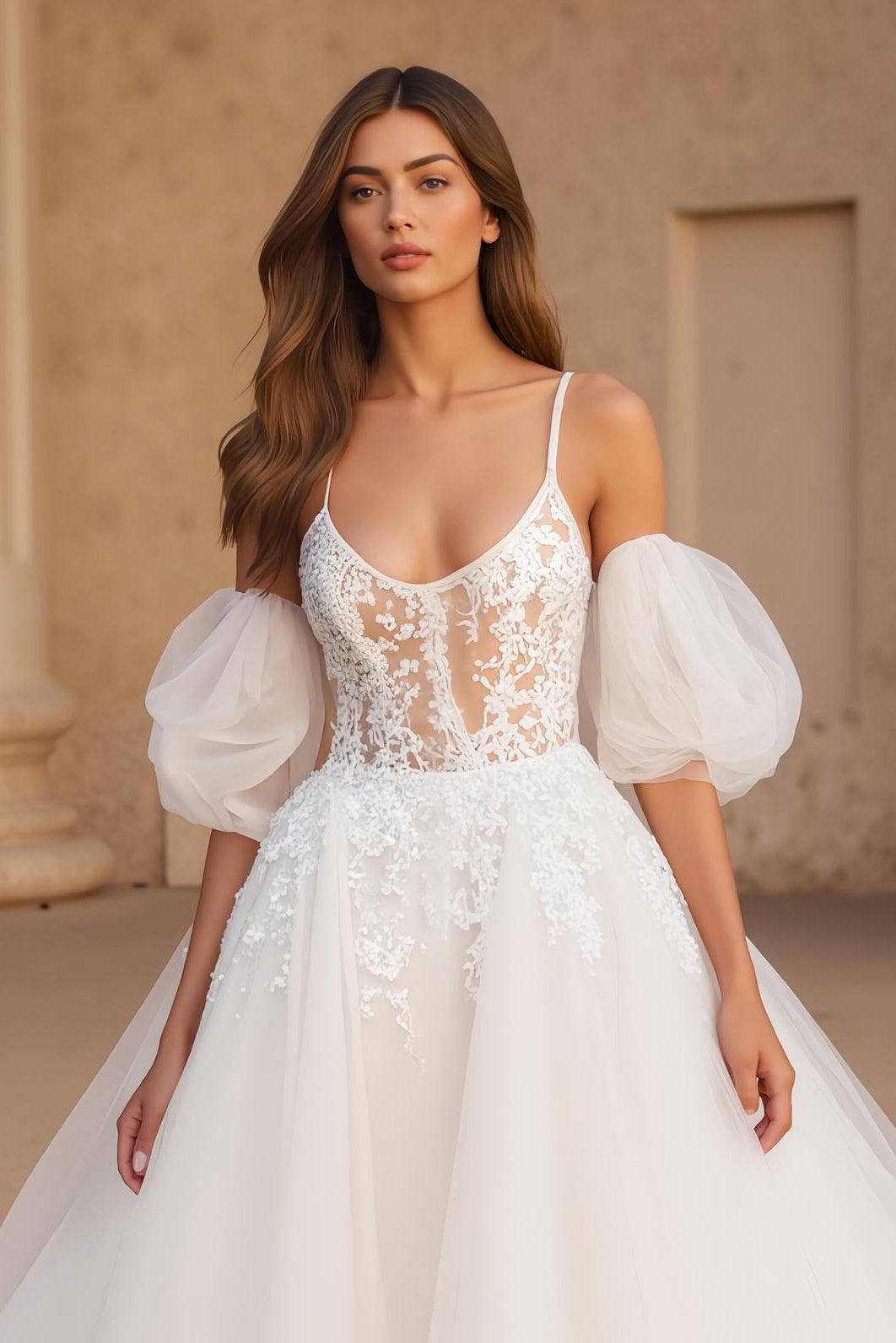 Ivory Ball Gown Scoop Neck Sweep Train Wedding Dress with Lace