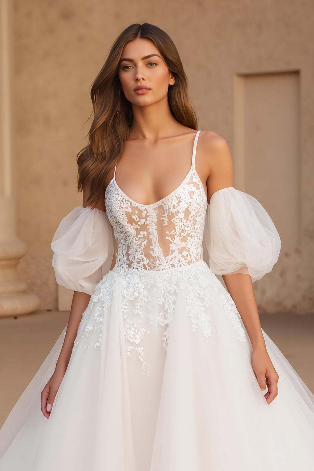 Ivory Ball Gown Scoop Neck Sweep Train Wedding Dress with Lace