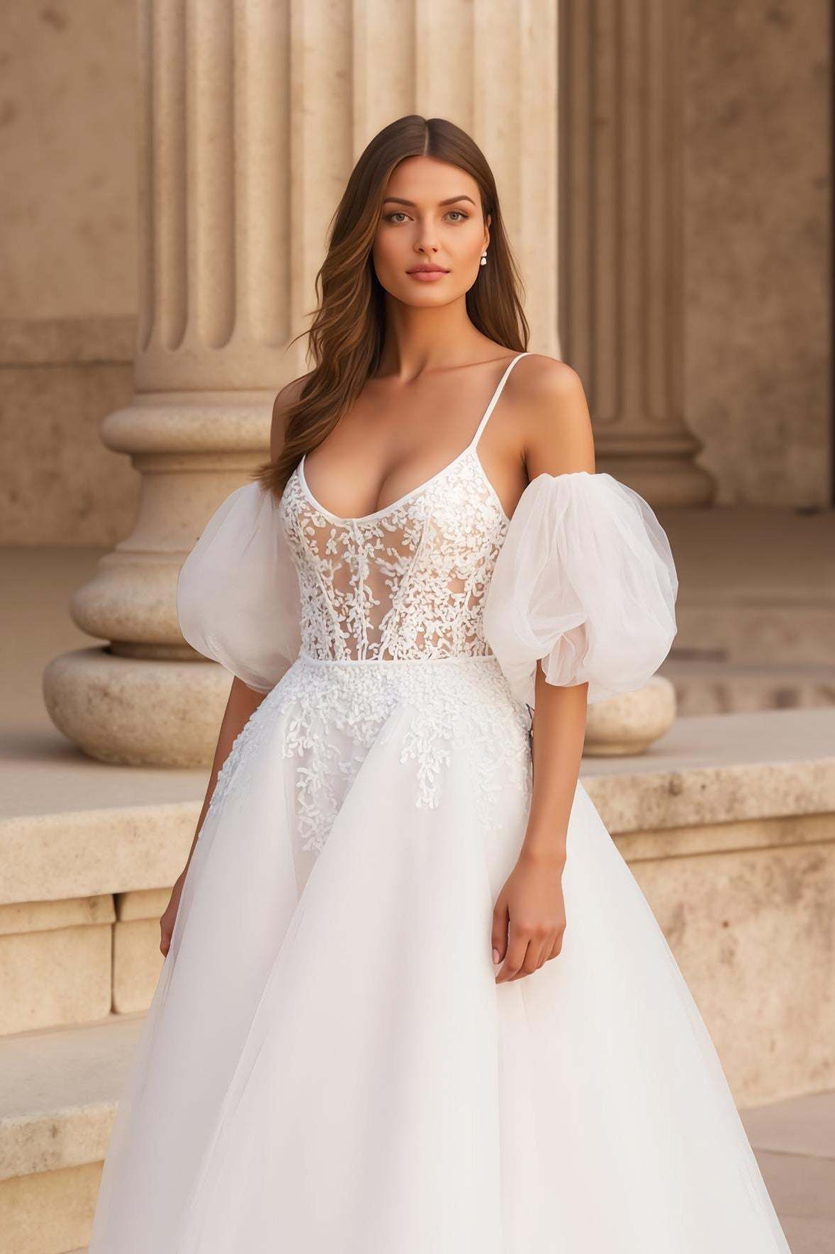 Ivory Ball Gown Scoop Neck Sweep Train Wedding Dress with Lace