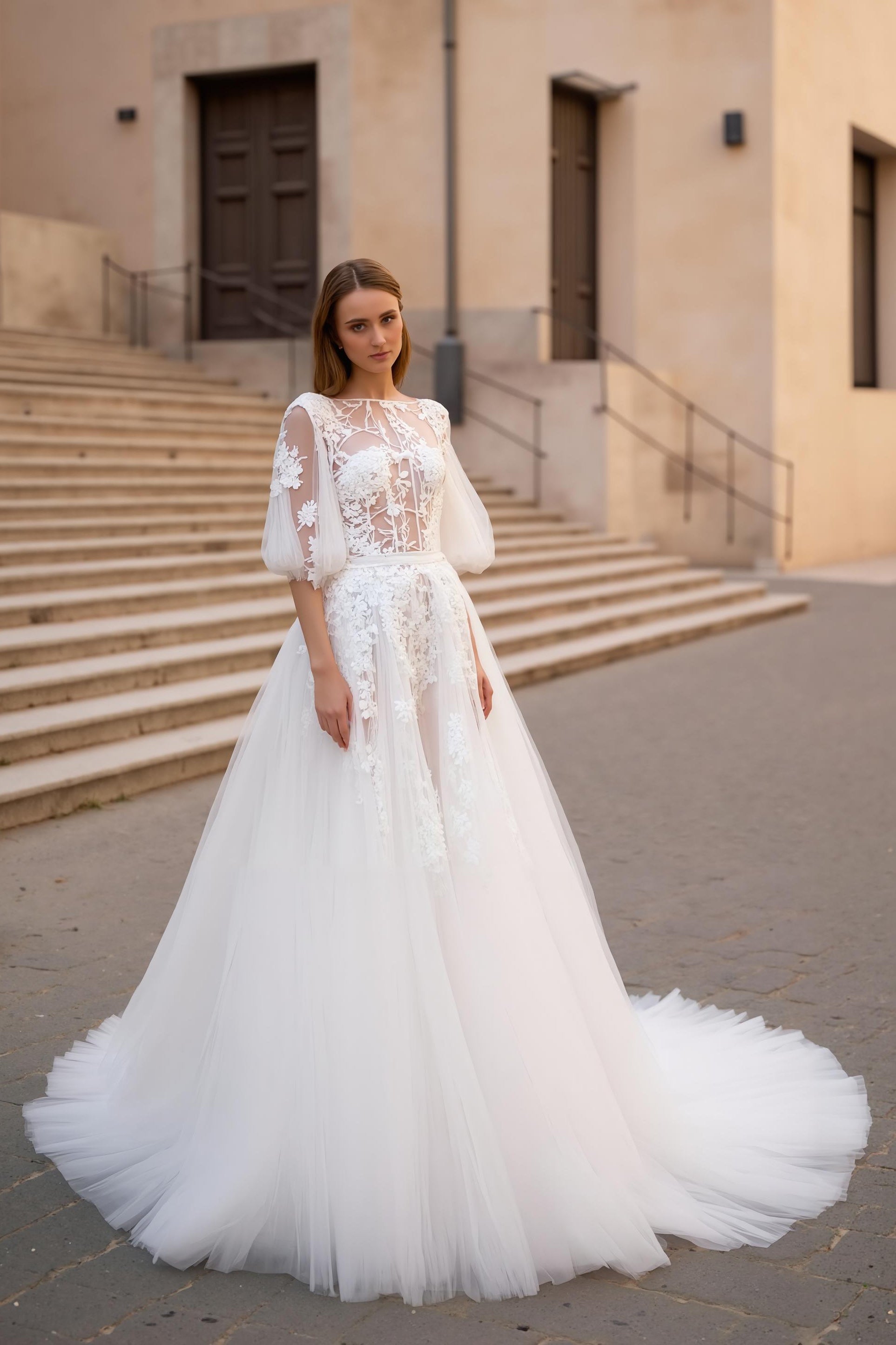 Leely Women Ivory Tulle Sweep Train Floral Wedding Dress with Sleeves Bateau Neck Appliqued A Line Bridal Dress with Lace