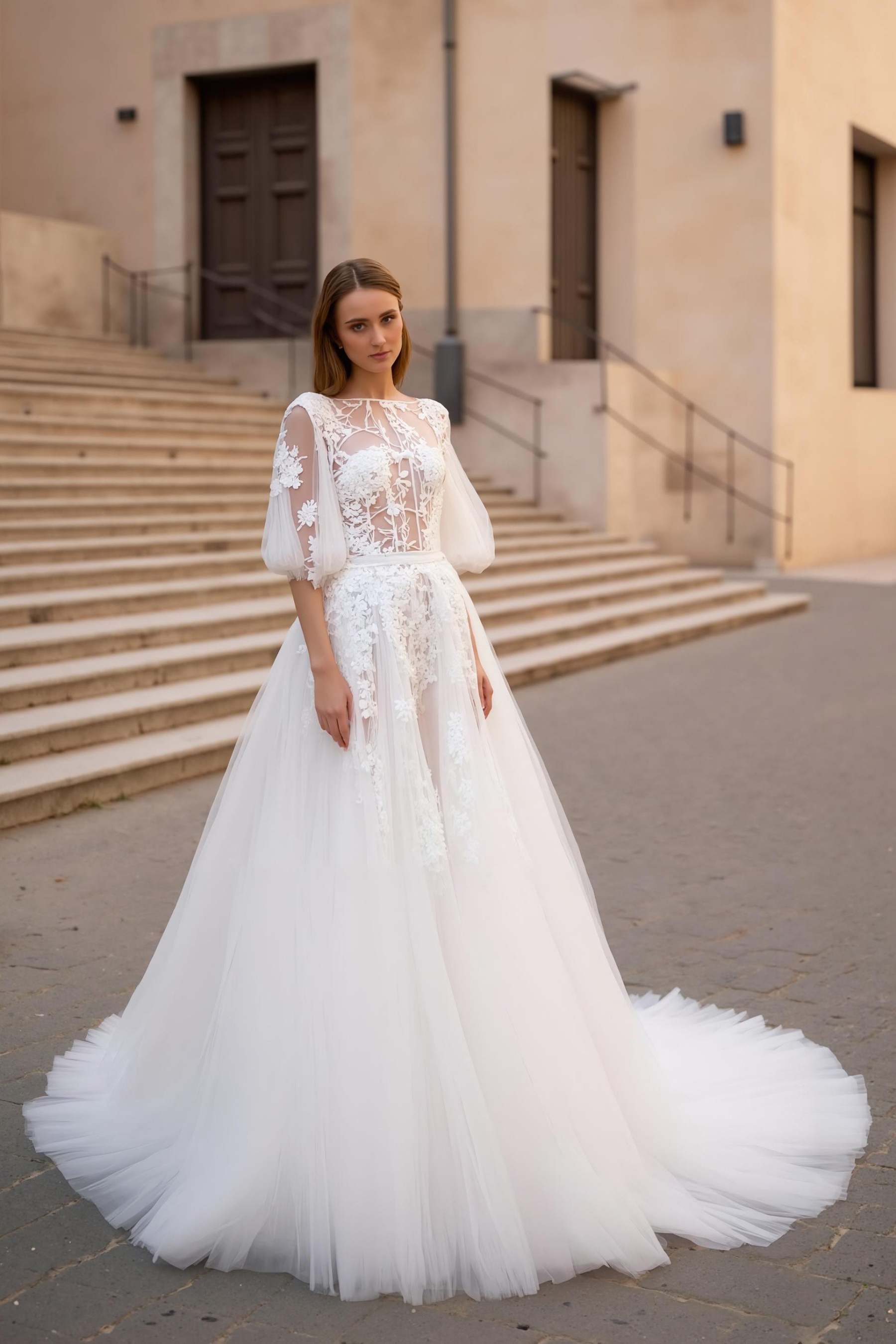 Leely Women Ivory Tulle Sweep Train Floral Wedding Dress with Sleeves Bateau Neck Appliqued A Line Bridal Dress with Lace