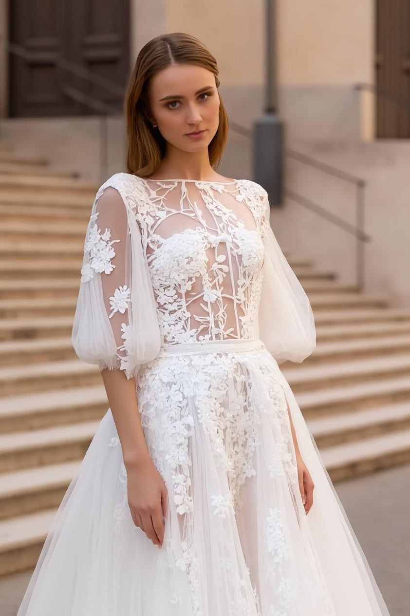 Ivory Bateau Neck A Line Sweep Train Appliqued Wedding Dress with Sleeves