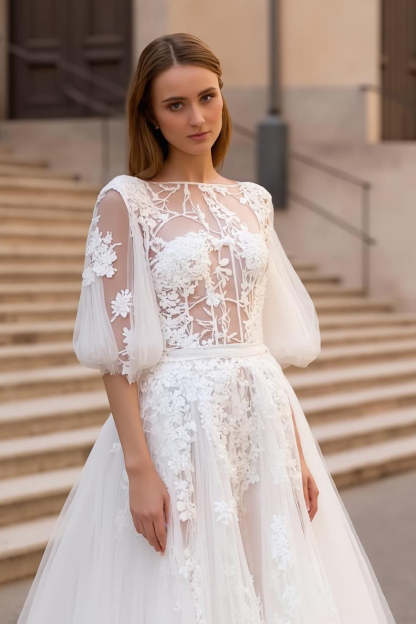 Ivory Bateau Neck A Line Sweep Train Appliqued Wedding Dress with Sleeves