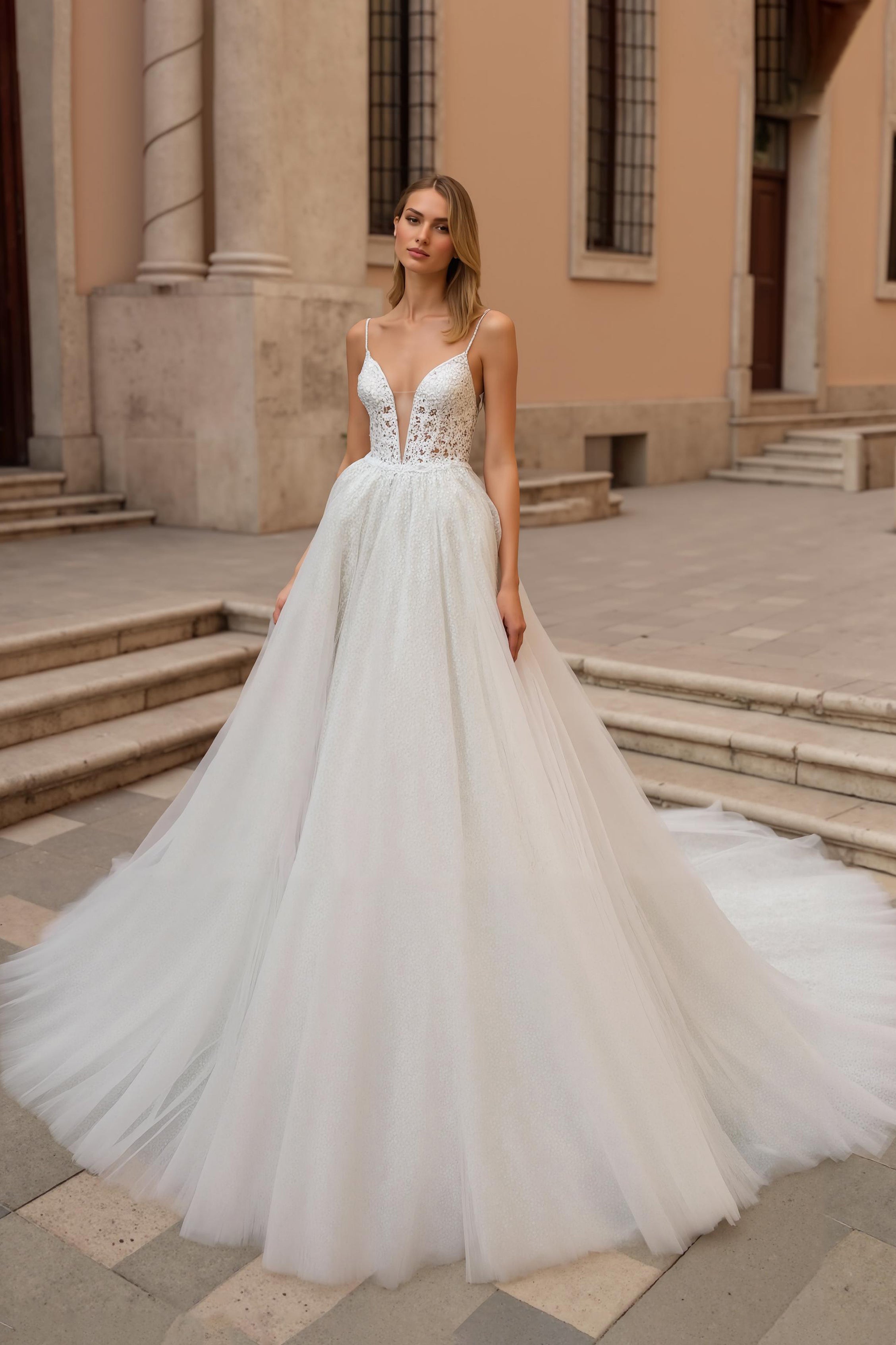 Ivory A Line Spaghetti Straps Backless Sweep Train Wedding Dress with Lace