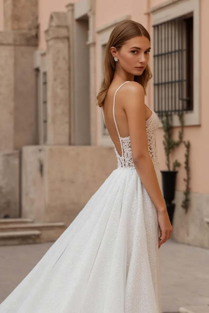 Ivory A Line Spaghetti Straps Backless Sweep Train Wedding Dress with Lace