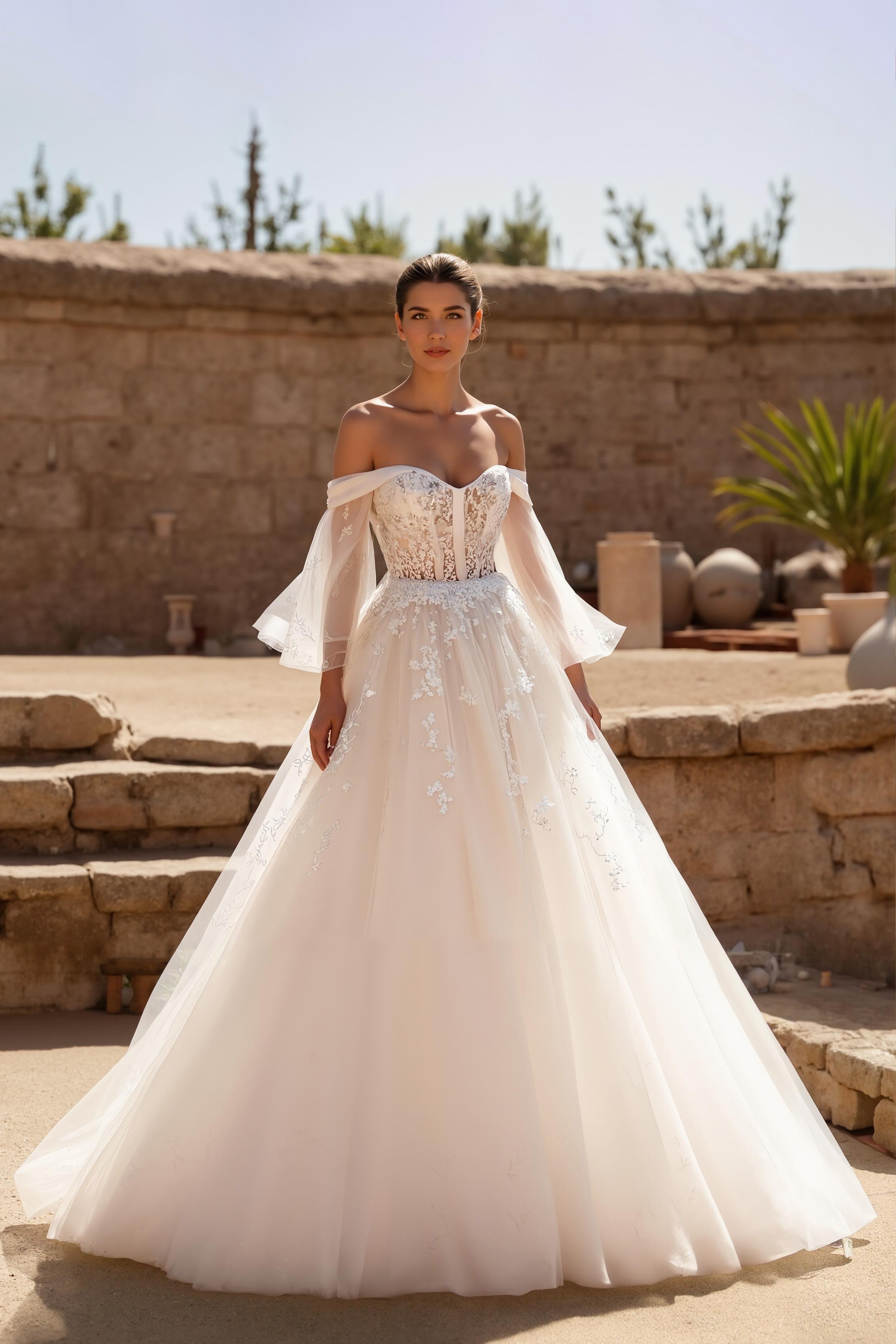 Ivory Tulle Flutter Sleeves Ball Gown Sweep Train Wedding Dress