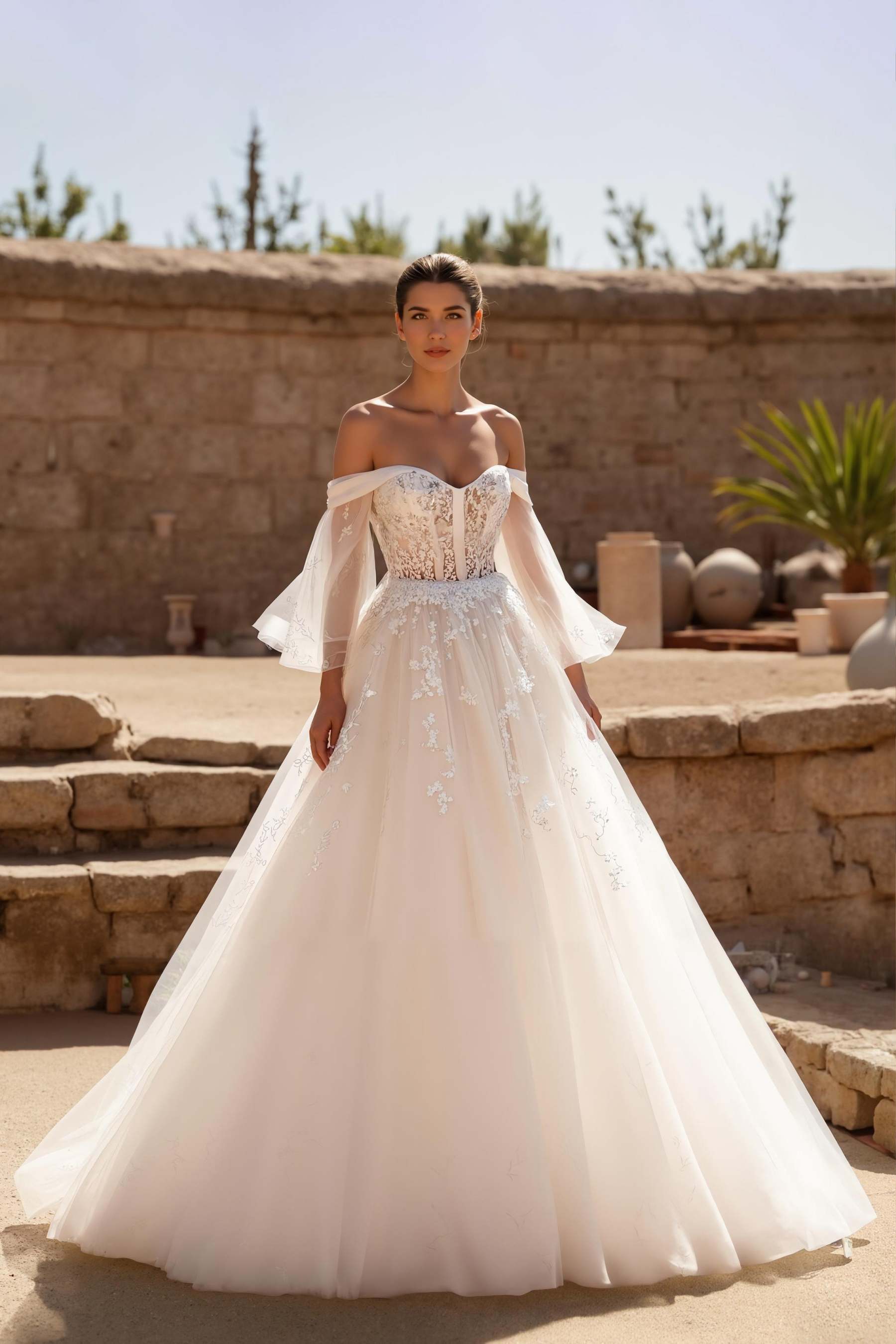 Leely Women Ivory Tulle Sweep Train Wedding Dress Flutter Sleeves Off the Shoulder Ball Gown Bridal Dress with Lace