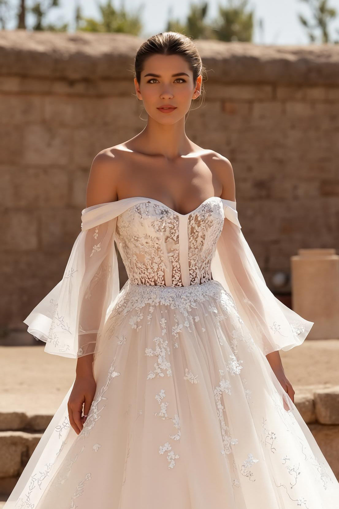 Ivory Tulle Flutter Sleeves Ball Gown Sweep Train Wedding Dress