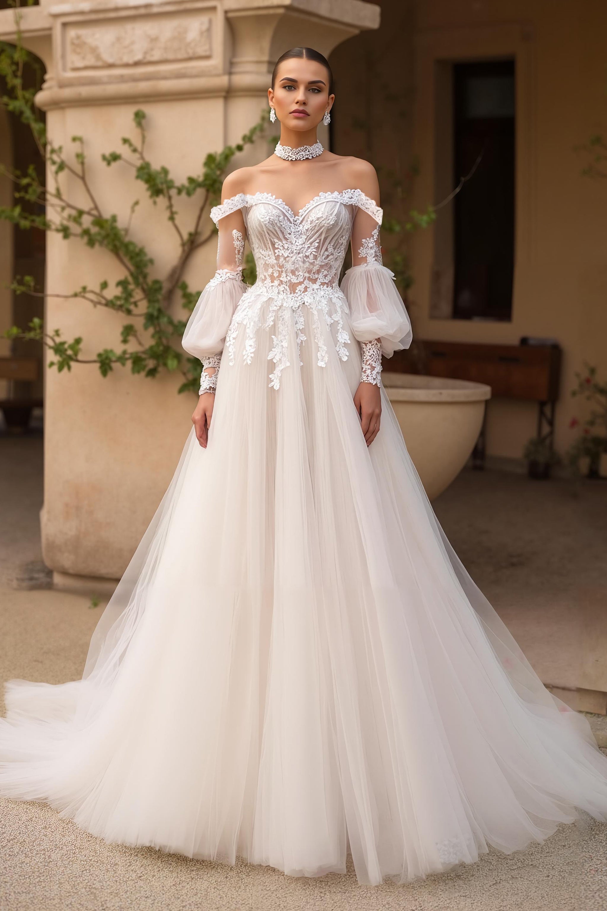 Leely Women Exquisite Ivory Tulle Sweep Train Wedding Dress with Lace Long Sleeves Off the Shoulder A Line Backless Bridal Dress