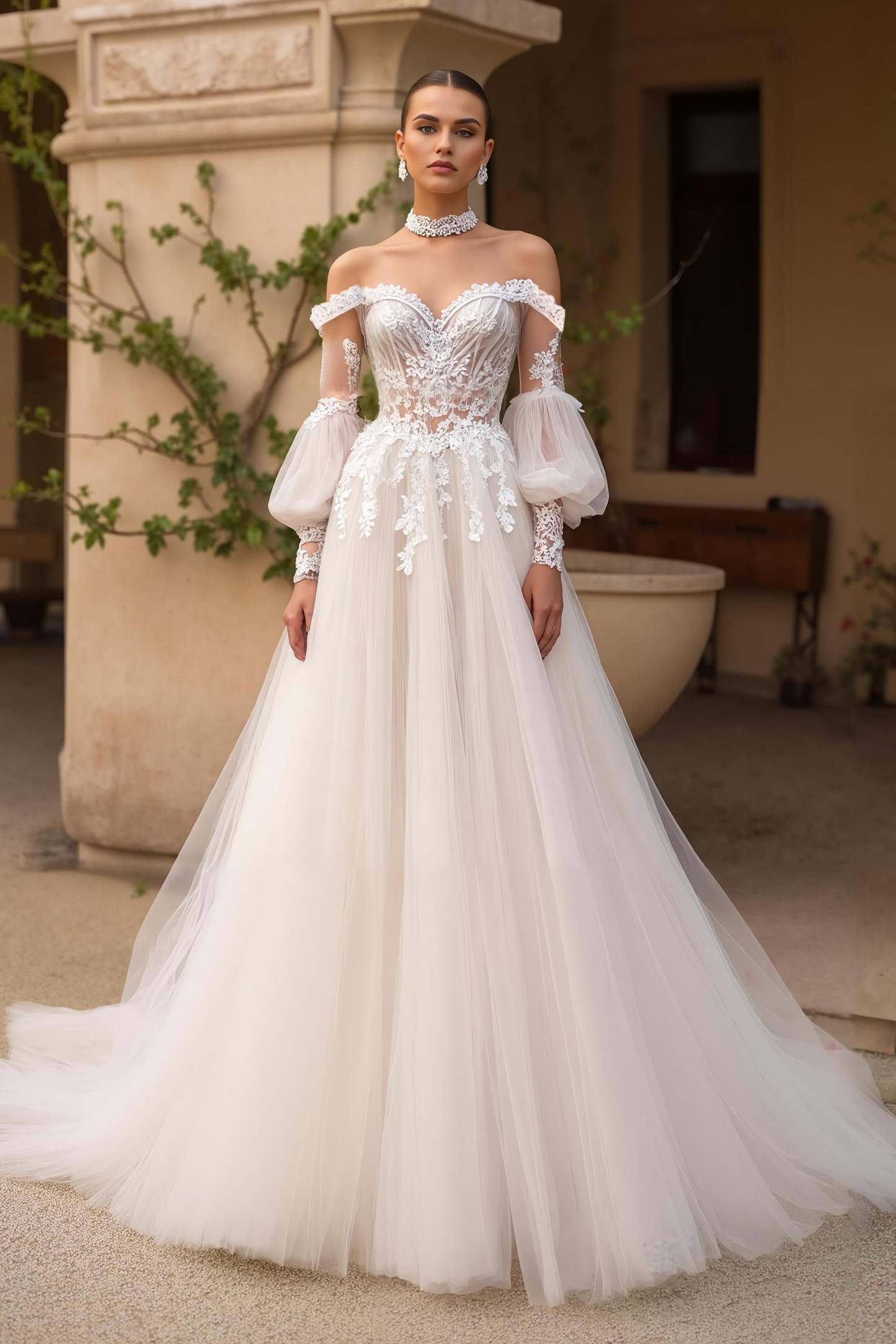 Leely Women Exquisite Ivory Tulle Sweep Train Wedding Dress with Lace Long Sleeves Off the Shoulder A Line Backless Bridal Dress