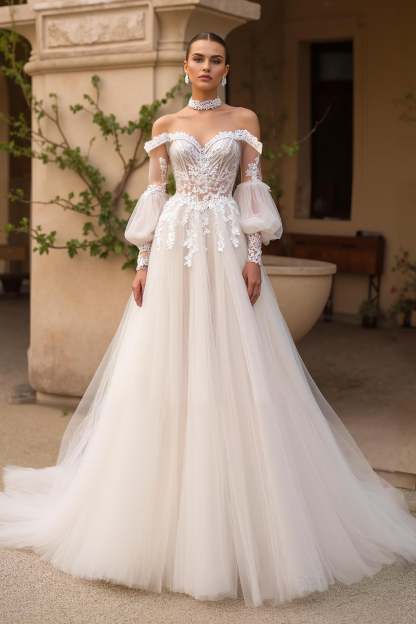 Leely Women Exquisite Ivory Tulle Sweep Train Wedding Dress with Lace Long Sleeves Off the Shoulder A Line Backless Bridal Dress