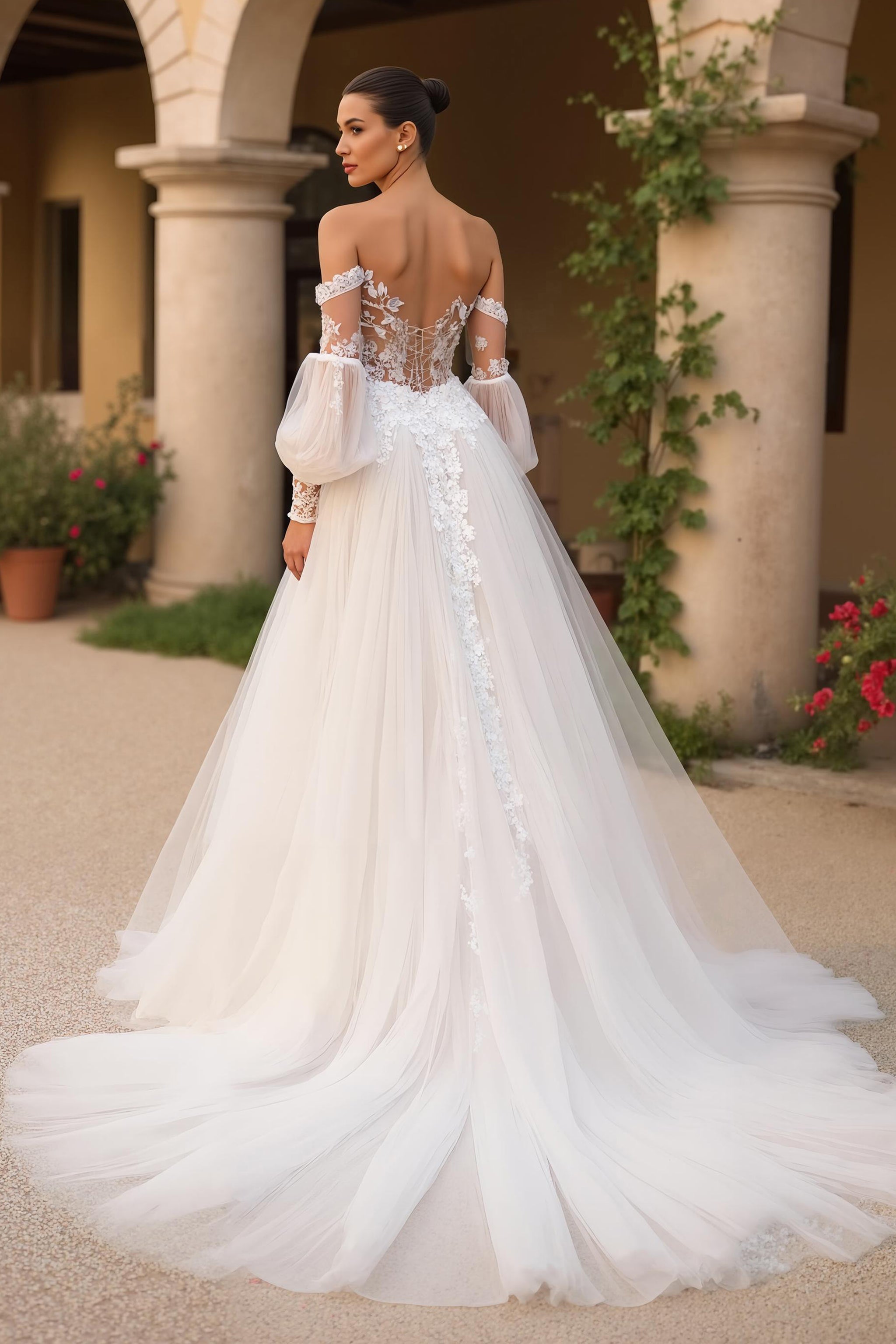 Exquisite Ivory Off the Shoulder Tulle Sweep Train Wedding Dress with Sleeves