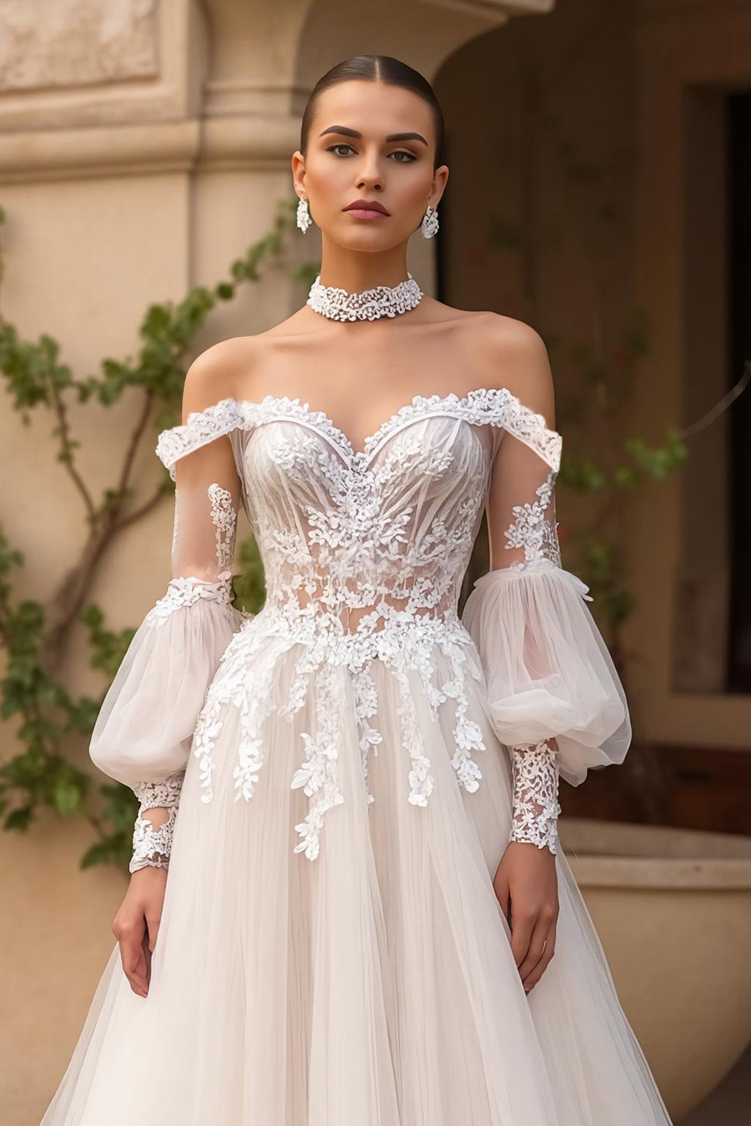Exquisite Ivory Off the Shoulder Tulle Sweep Train Wedding Dress with Sleeves