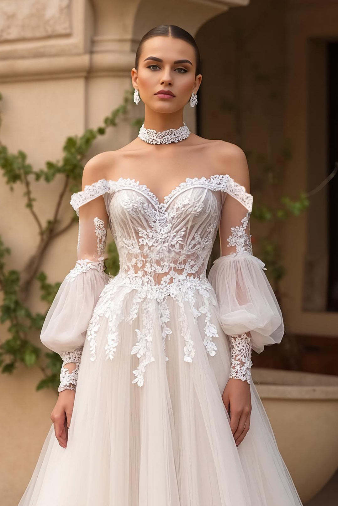 Exquisite Ivory Off the Shoulder Tulle Sweep Train Wedding Dress with Sleeves