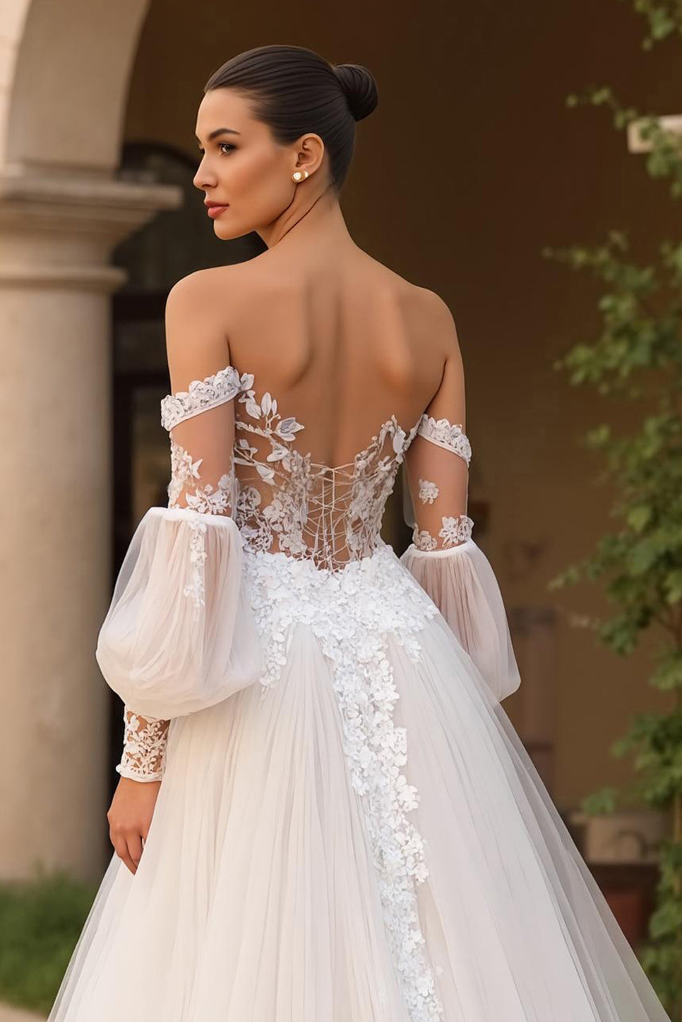 Exquisite Ivory Off the Shoulder Tulle Sweep Train Wedding Dress with Sleeves