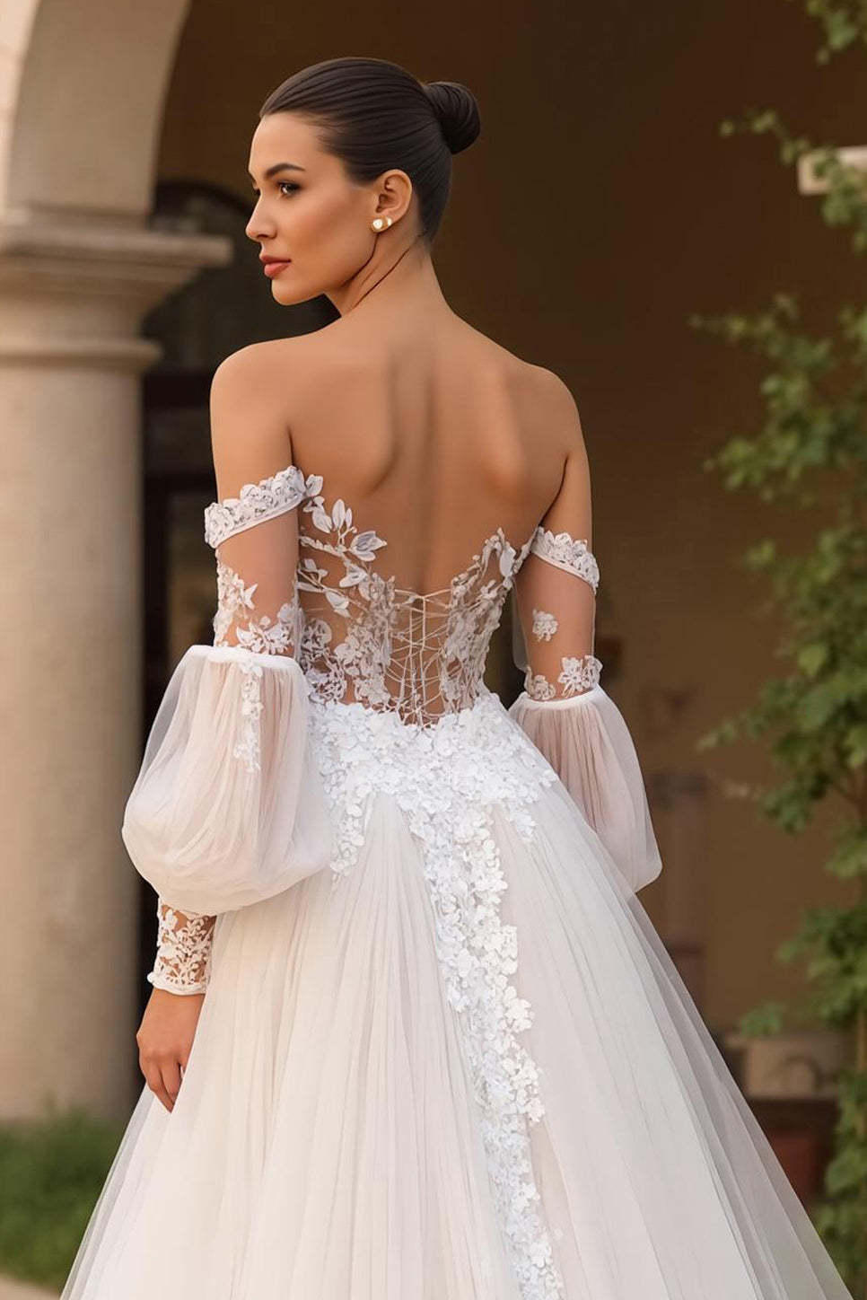 Exquisite Ivory Off the Shoulder Tulle Sweep Train Wedding Dress with Sleeves