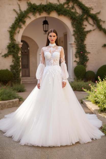 Leely Women Ivory Tulle Sweep Train Wedding Dress with Lace High Neck Long Sleeves Ball Gown Bridal Dress