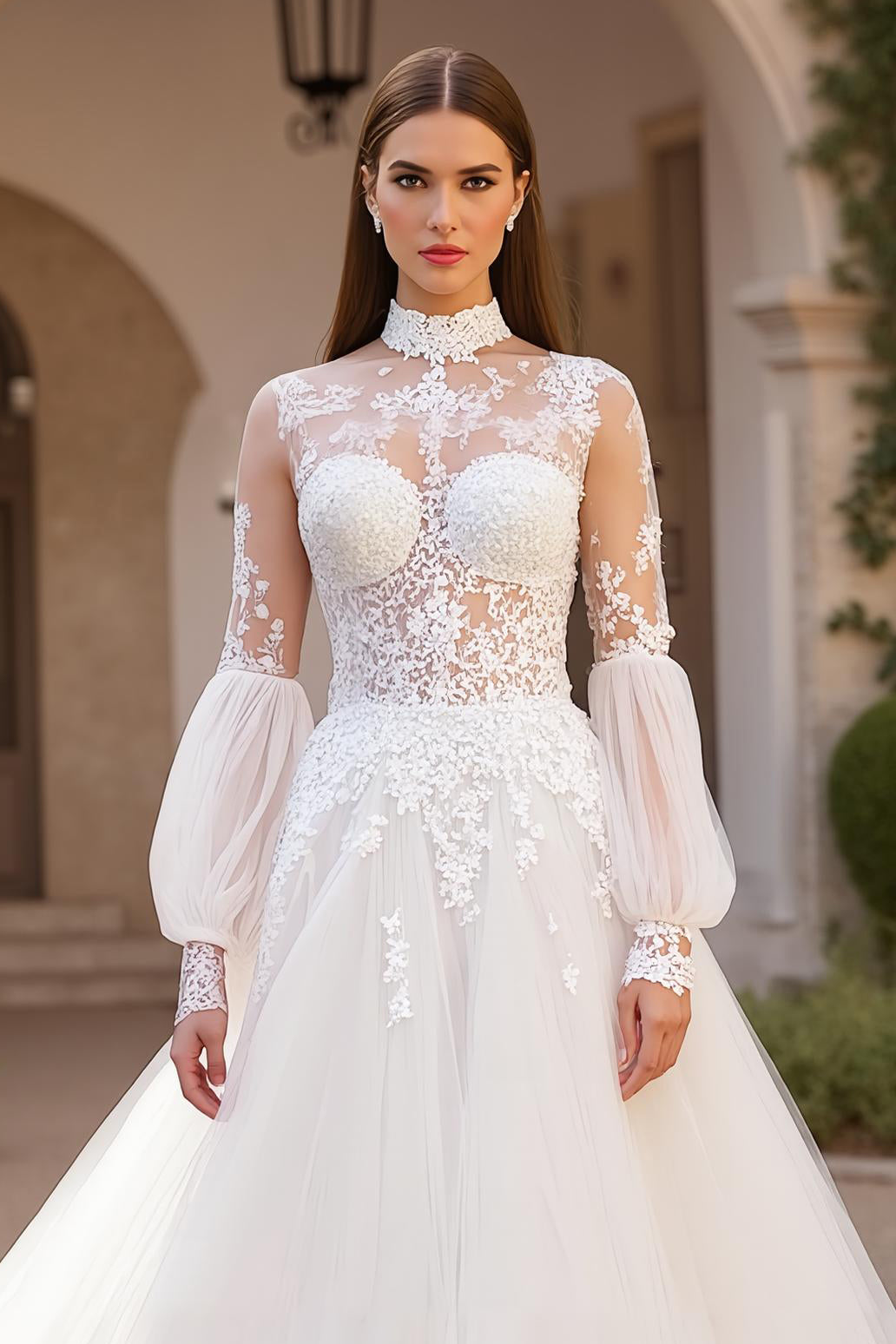 Ivory Ball Gown Tulle High Neck Sweep Train Wedding Dress with Lace